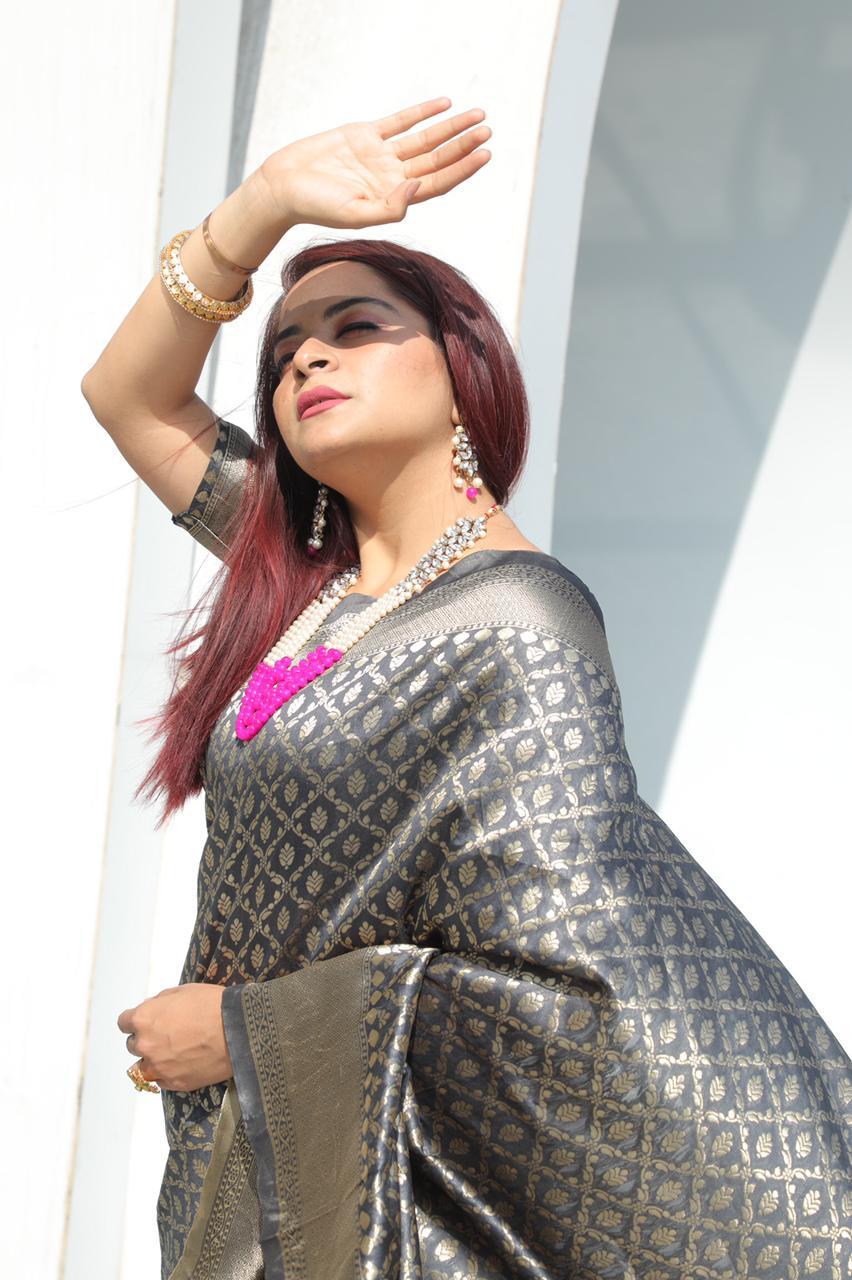 Ladies Pure Silk Saree - Pure Lichi Silk, Length 5.5 Meter, Color Gray | Ideal For Traditional Occasions, Suited For All Seasons