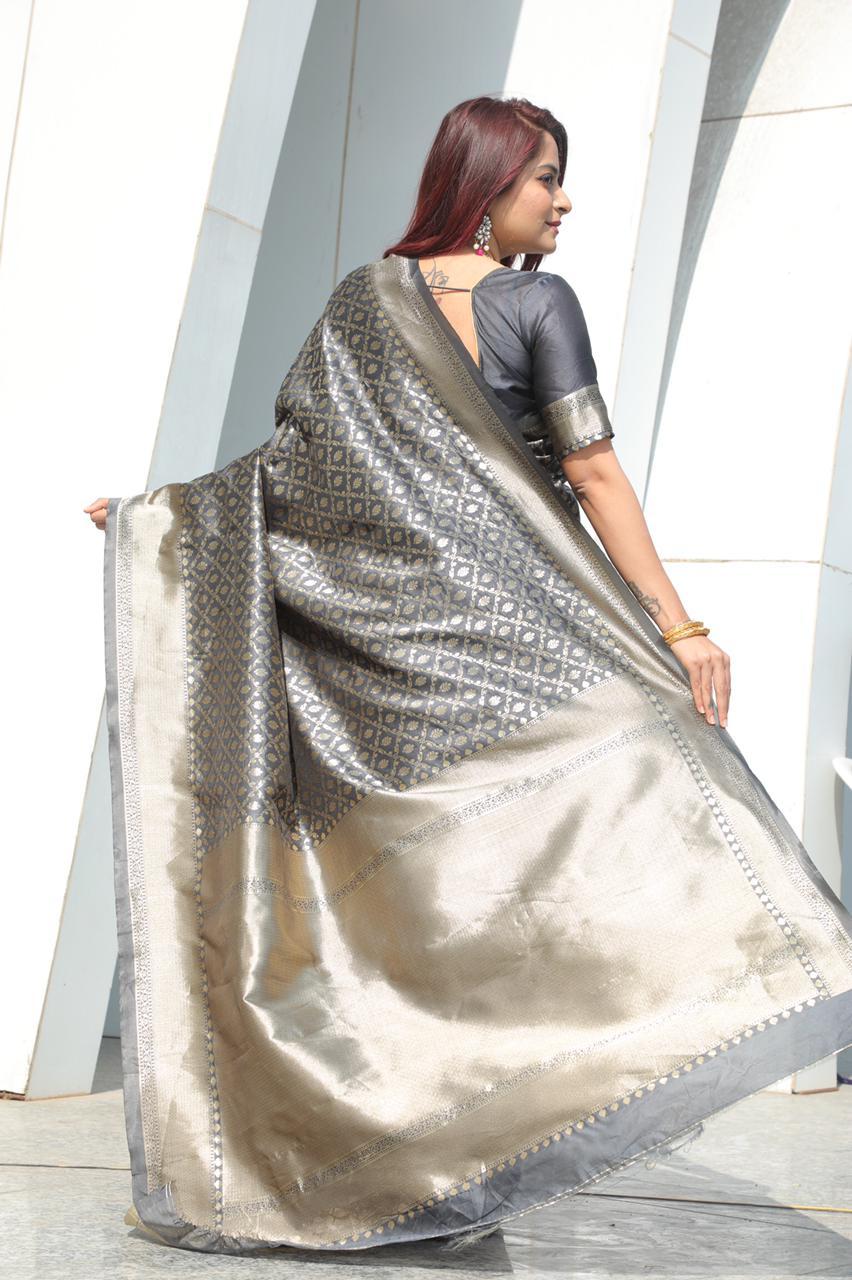 Ladies Pure Silk Saree - Pure Lichi Silk, Length 5.5 Meter, Color Gray | Ideal For Traditional Occasions, Suited For All Seasons