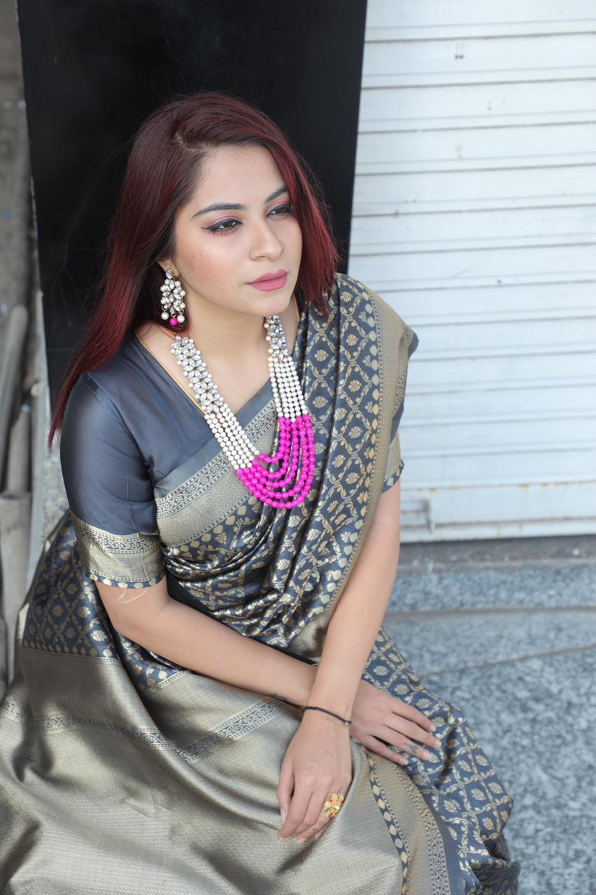 Ladies Pure Silk Saree - Pure Lichi Silk, Length 5.5 Meter, Color Gray | Ideal For Traditional Occasions, Suited For All Seasons