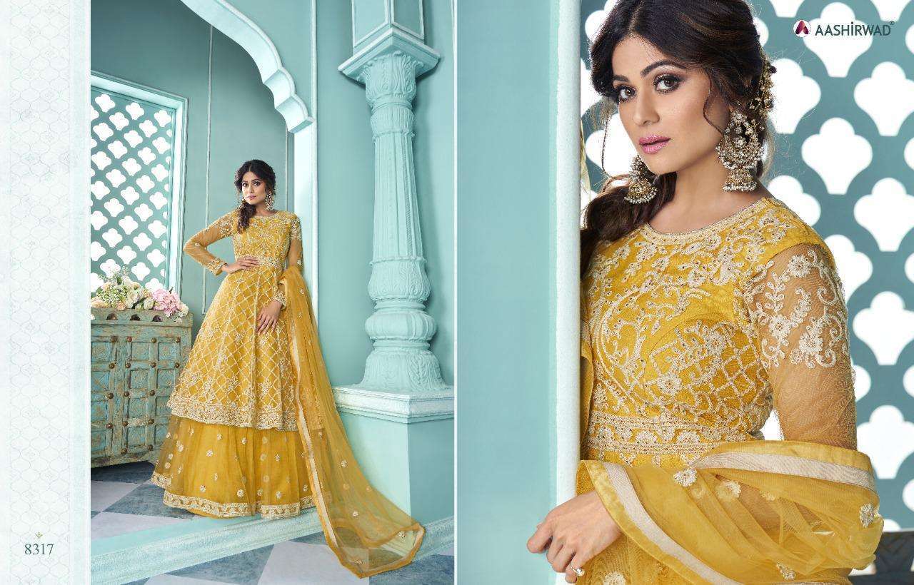 Multi Color Aashirwad Creation Shaheen Butterfly Net With Full Embroidered Suit Catalog