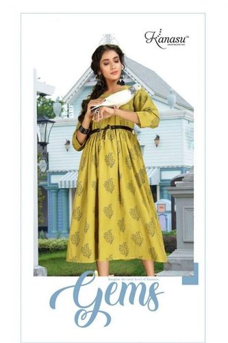 Multi Color Kanasu Gems Cotton Flex Print With Belt And Katha Work Kurti Catalog