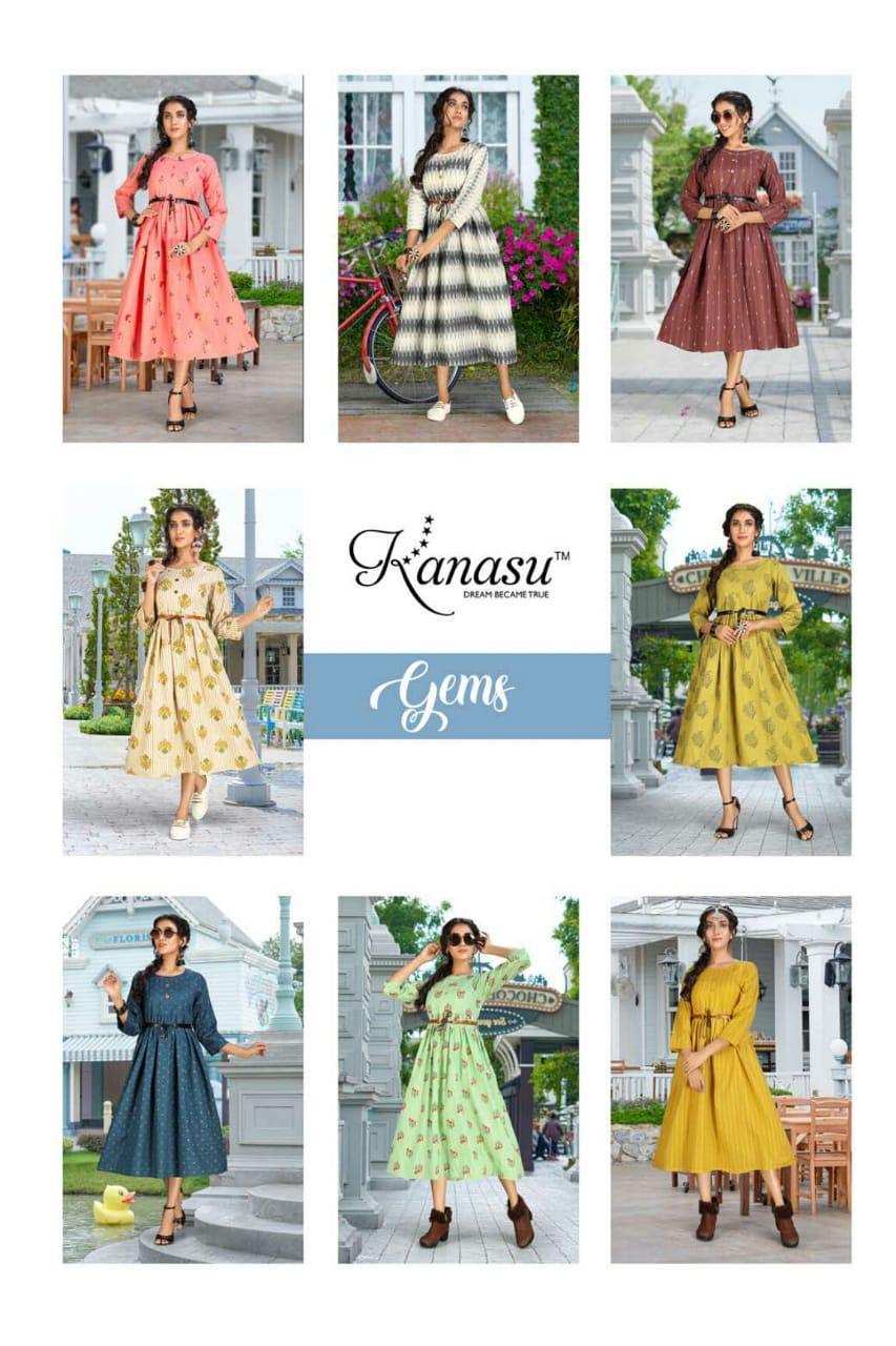Kanasu Gems Cotton Flex Print With Belt And Katha Work Kurti Catalog - Cotton Flex, Size M, L, Xl, Multi Color, Western Style, Washable, Dry Cleanable