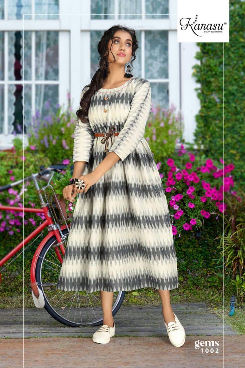 Kanasu Gems Cotton Flex Print With Belt And Katha Work Kurti Catalog - Cotton Flex, Size M, L, Xl, Multi Color, Western Style, Washable, Dry Cleanable