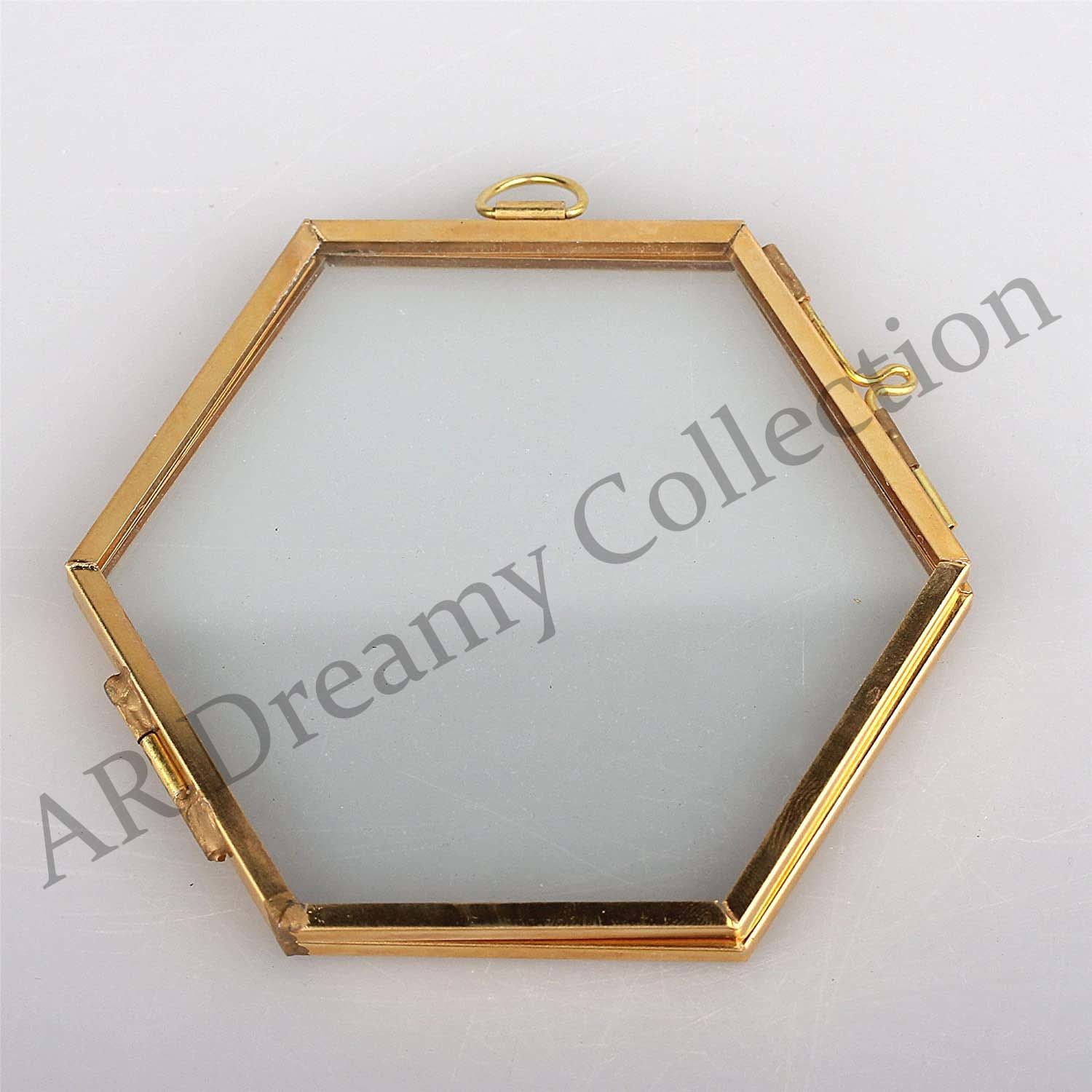 Mini Hexagonal Hanging Photo Frame - Glass And Steel Material, Yellow Color With Gold Finish | Easy To Clean, Rust Proof, Handmade Design