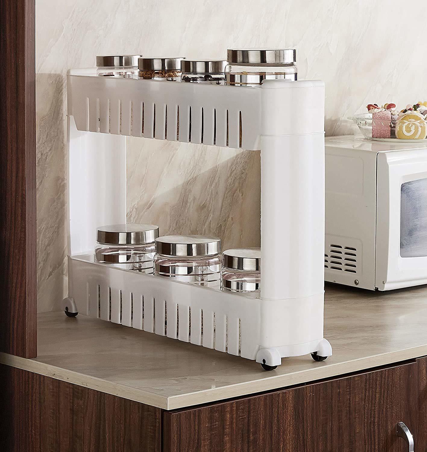 2 Tier Kitchen Storage Rack - Abs Plastic & Stainless Steel, 32x22x38 Cm, White Silver, Multi-layer Storage, Wheels, Rust Proof