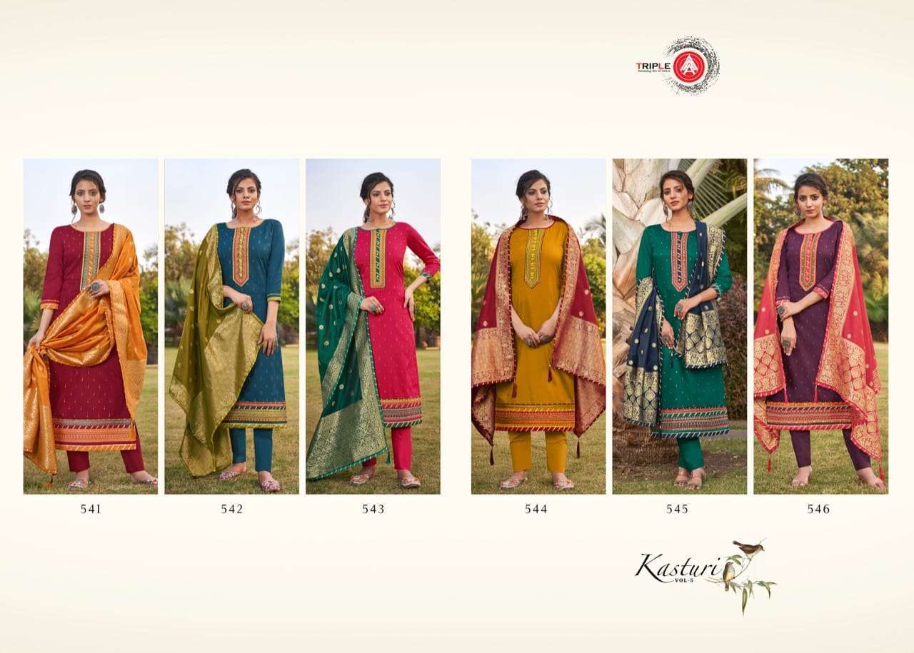 Multi Color Triple Aaa Kasturi Vol 5 Jam Silk With Work Dress Material Catalog