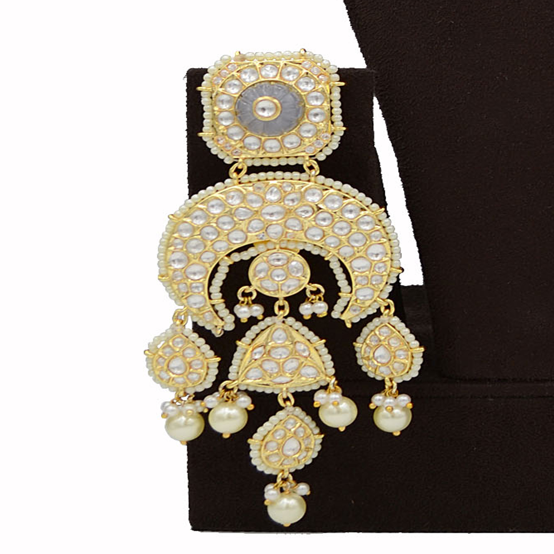 Kundan Necklace Set With Grey Carving Stones - Gold-plated, 16 Inches Length | Elegant Design, Grey Stones, Kundan Work, Matching Earrings, Traditional Style