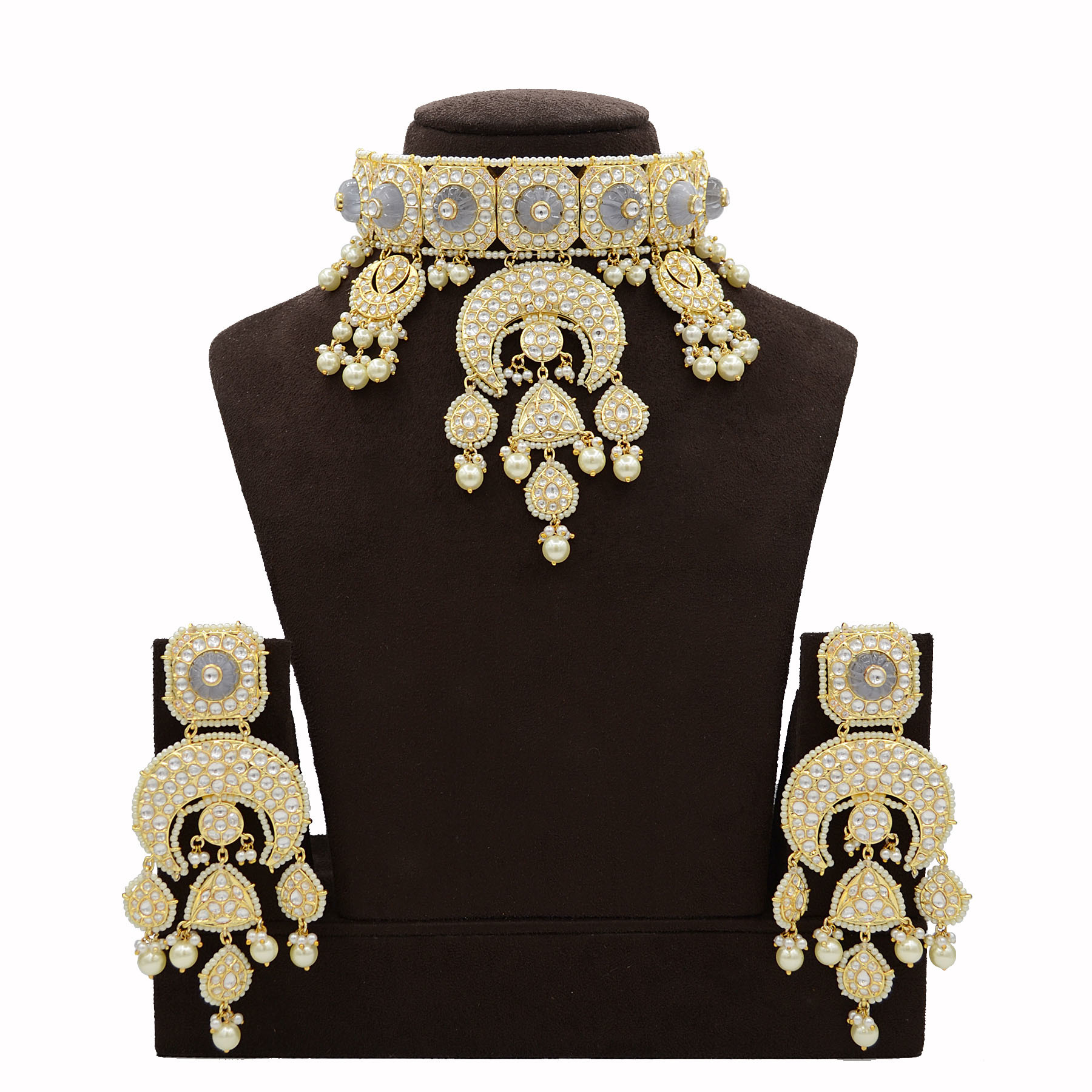 Kundan Necklace Set With Grey Carving Stones - Gold-plated, 16 Inches Length | Elegant Design, Grey Stones, Kundan Work, Matching Earrings, Traditional Style