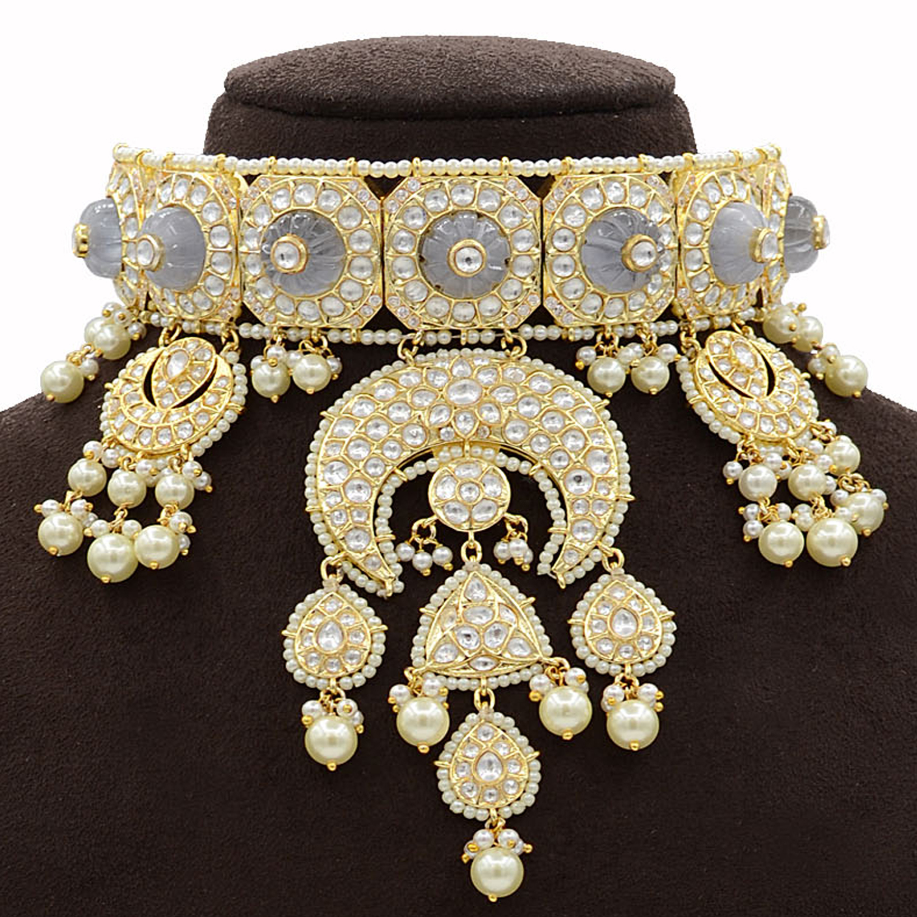 Kundan Necklace Set With Grey Carving Stones - Gold-plated, 16 Inches Length | Elegant Design, Grey Stones, Kundan Work, Matching Earrings, Traditional Style