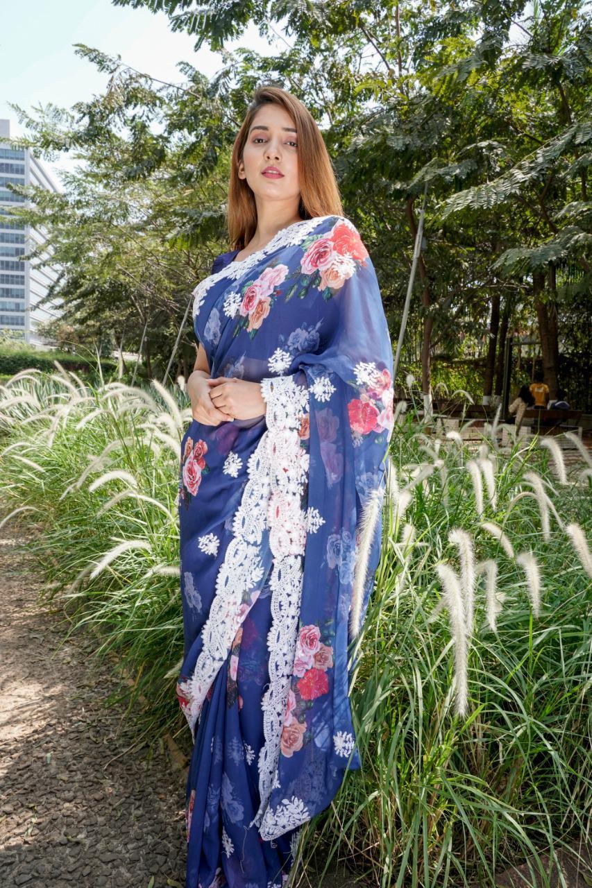 Party Wear Partywear Georgette Saree With Viscose Thread Work With Beautiful Digital Print.