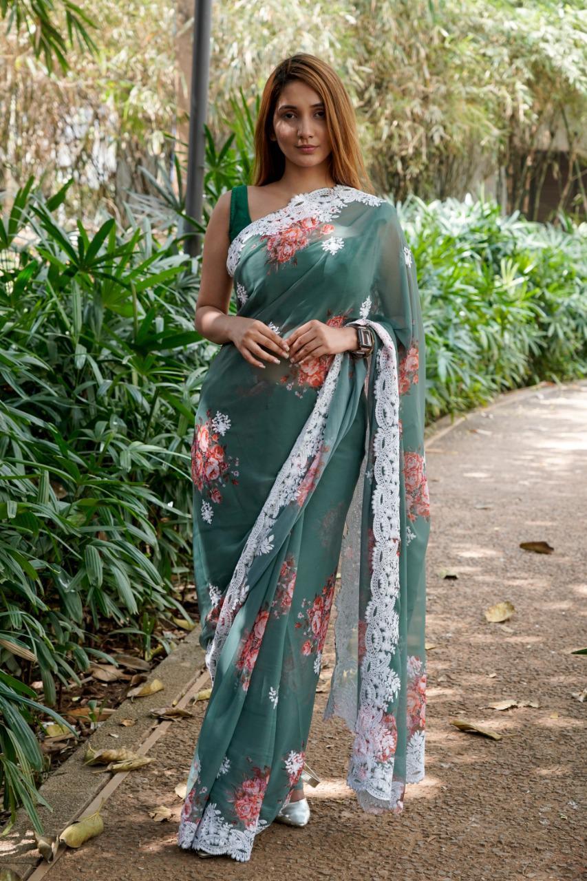 Party Wear Partywear Georgette Saree With Viscose Thread Work With Beautiful Digital Print.