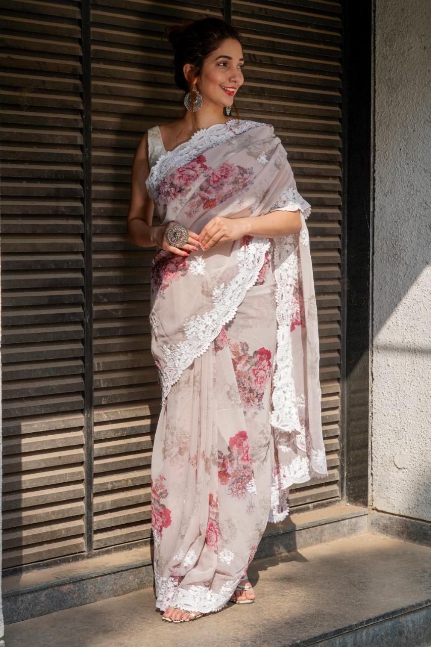 Party Wear Partywear Georgette Saree With Viscose Thread Work With Beautiful Digital Print.