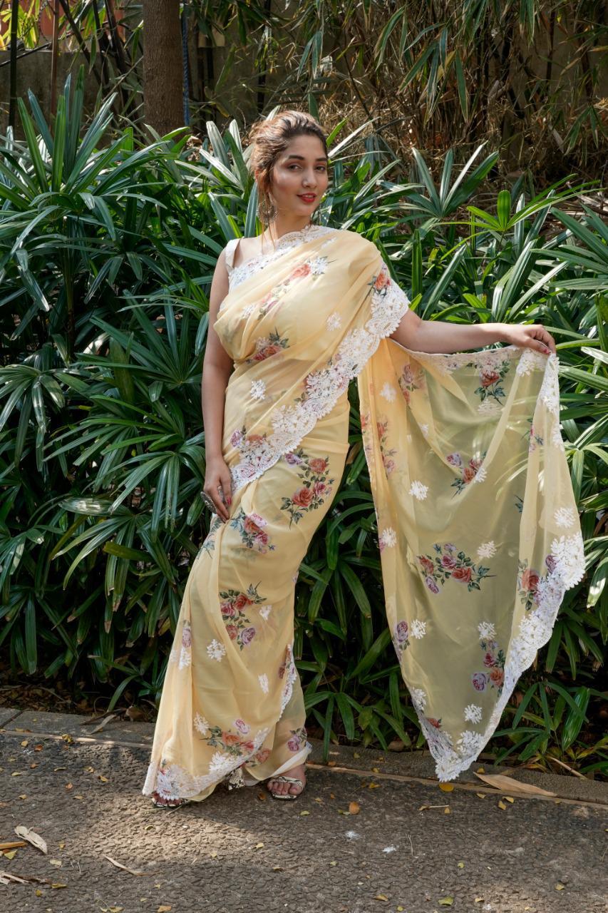 Party Wear Partywear Georgette Saree With Viscose Thread Work With Beautiful Digital Print.