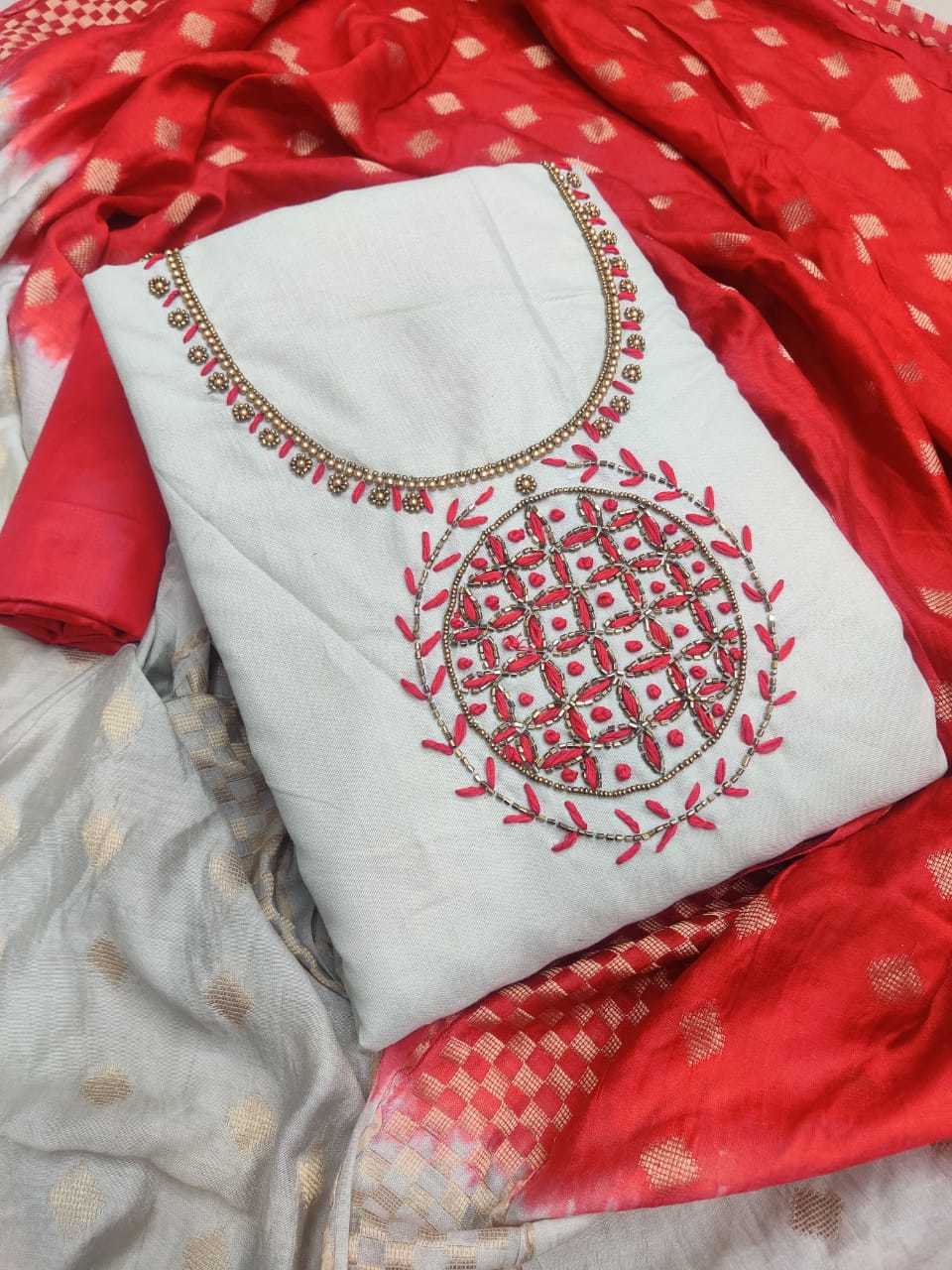 Tesla Unstitched Dress Material - Slub Cotton Top, Cotton Bottom, Banarasi Silk Dupatta | Multi-color, Embroidered, Washable Design For Women