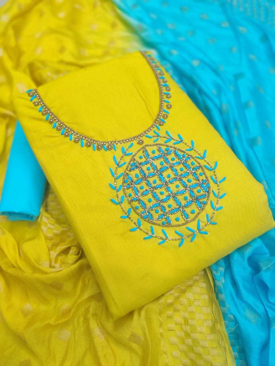 Tesla Unstitched Dress Material - Slub Cotton Top, Cotton Bottom, Banarasi Silk Dupatta | Multi-color, Embroidered, Washable Design For Women