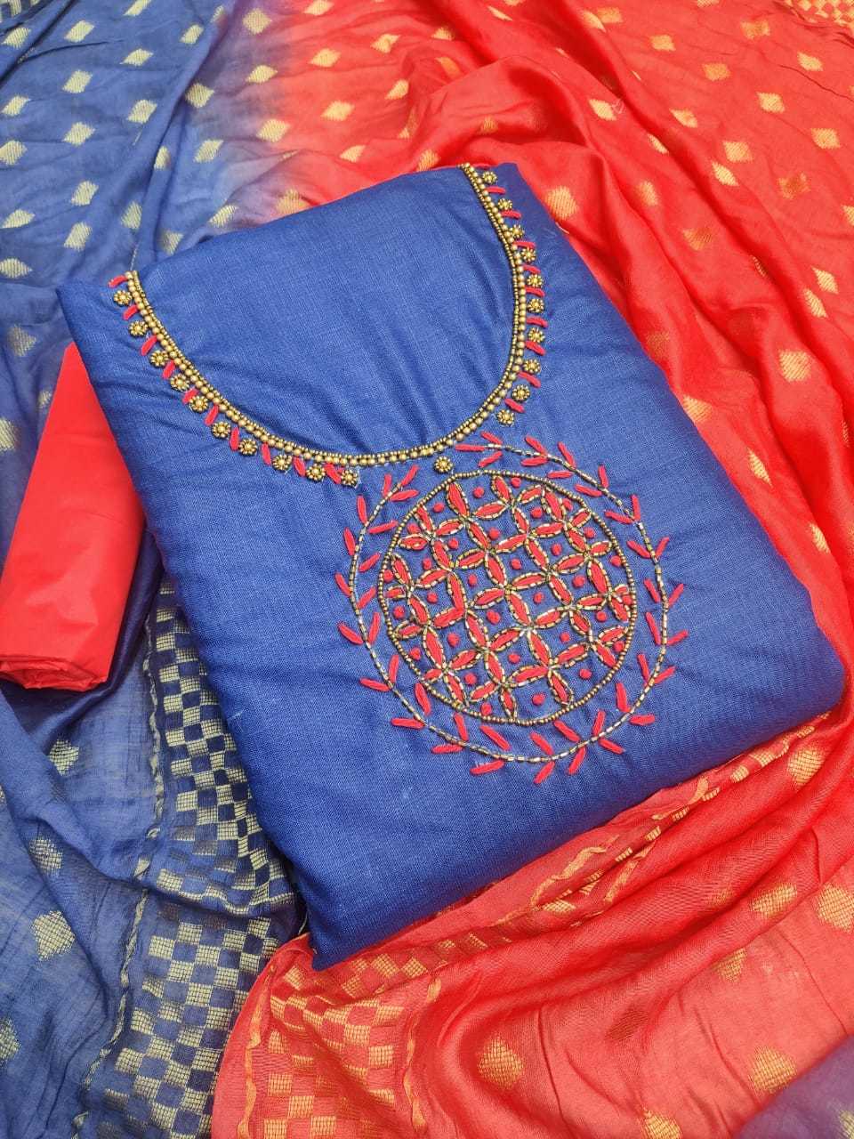 Tesla Unstitched Dress Material - Slub Cotton Top, Cotton Bottom, Banarasi Silk Dupatta | Multi-color, Embroidered, Washable Design For Women
