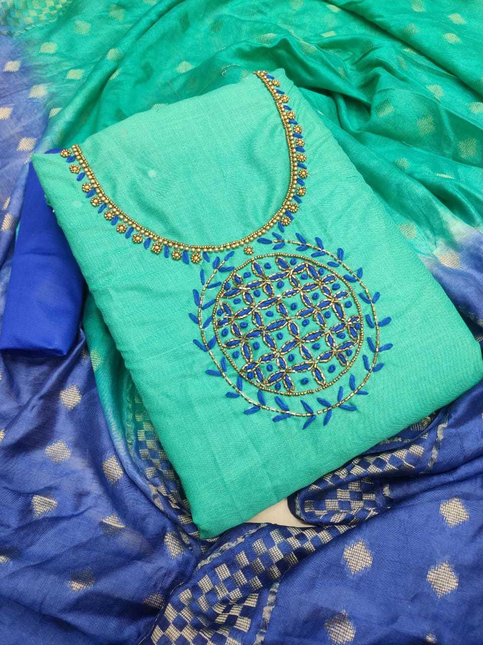 Tesla Unstitched Dress Material - Slub Cotton Top, Cotton Bottom, Banarasi Silk Dupatta | Multi-color, Embroidered, Washable Design For Women