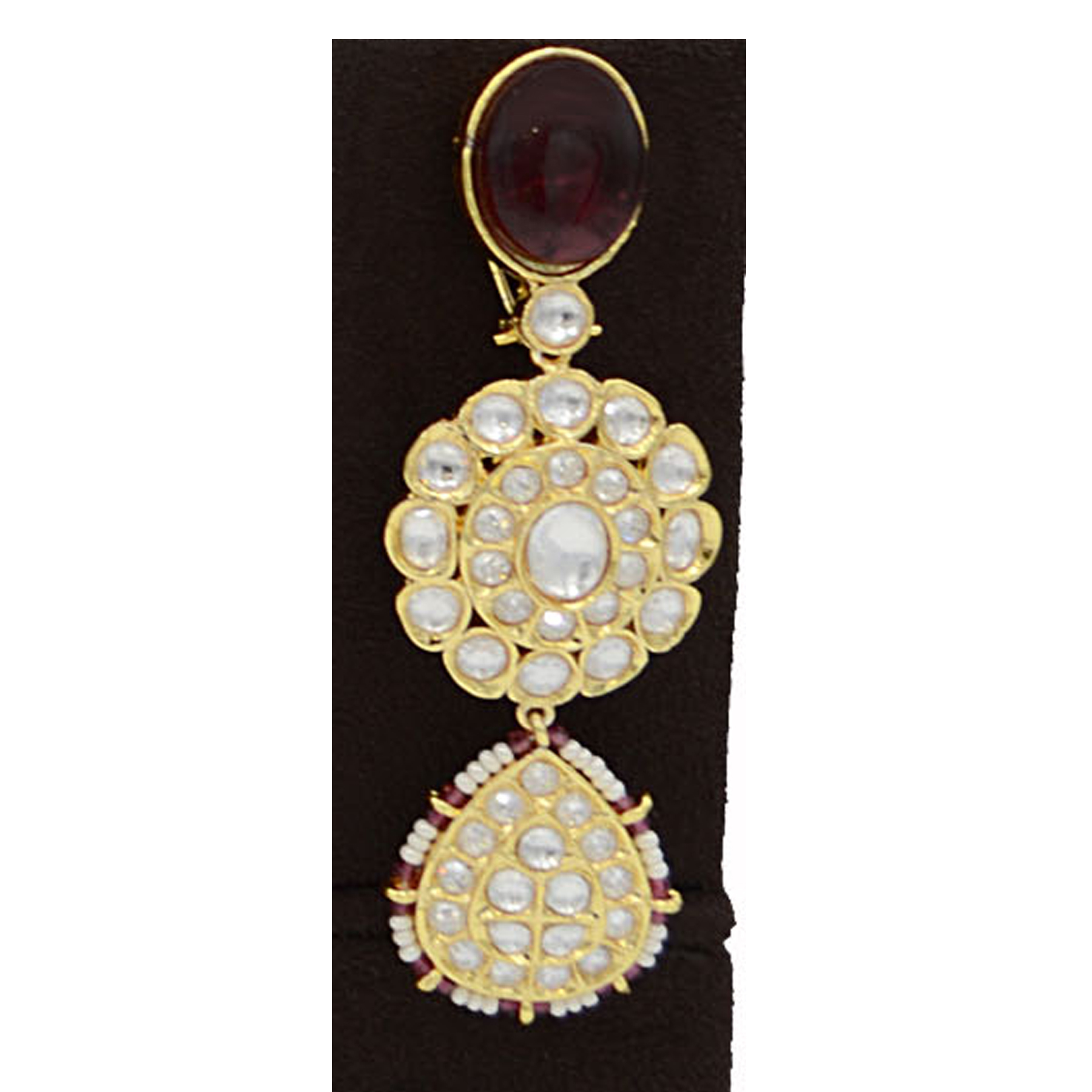 Kundan Necklace Set With Big Oval Maroon Stone - Gold-plated, Necklace Length 16-18 Inches, Earring Length 2 Inches | Elegant Design, Kundan Work, Maroon Stone, Matching Earrings