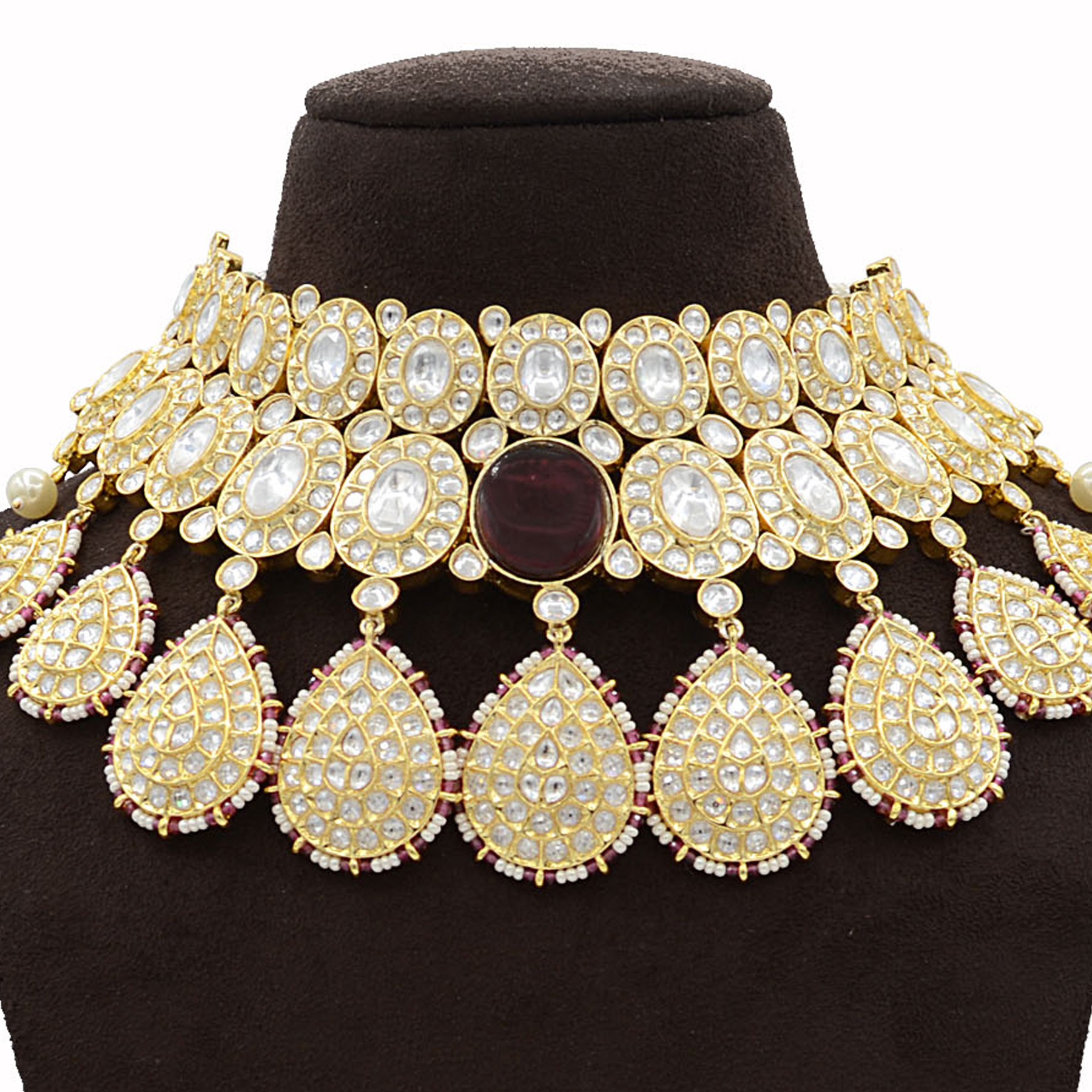 Kundan Necklace Set With Big Oval Maroon Stone - Gold-plated, Necklace Length 16-18 Inches, Earring Length 2 Inches | Elegant Design, Kundan Work, Maroon Stone, Matching Earrings