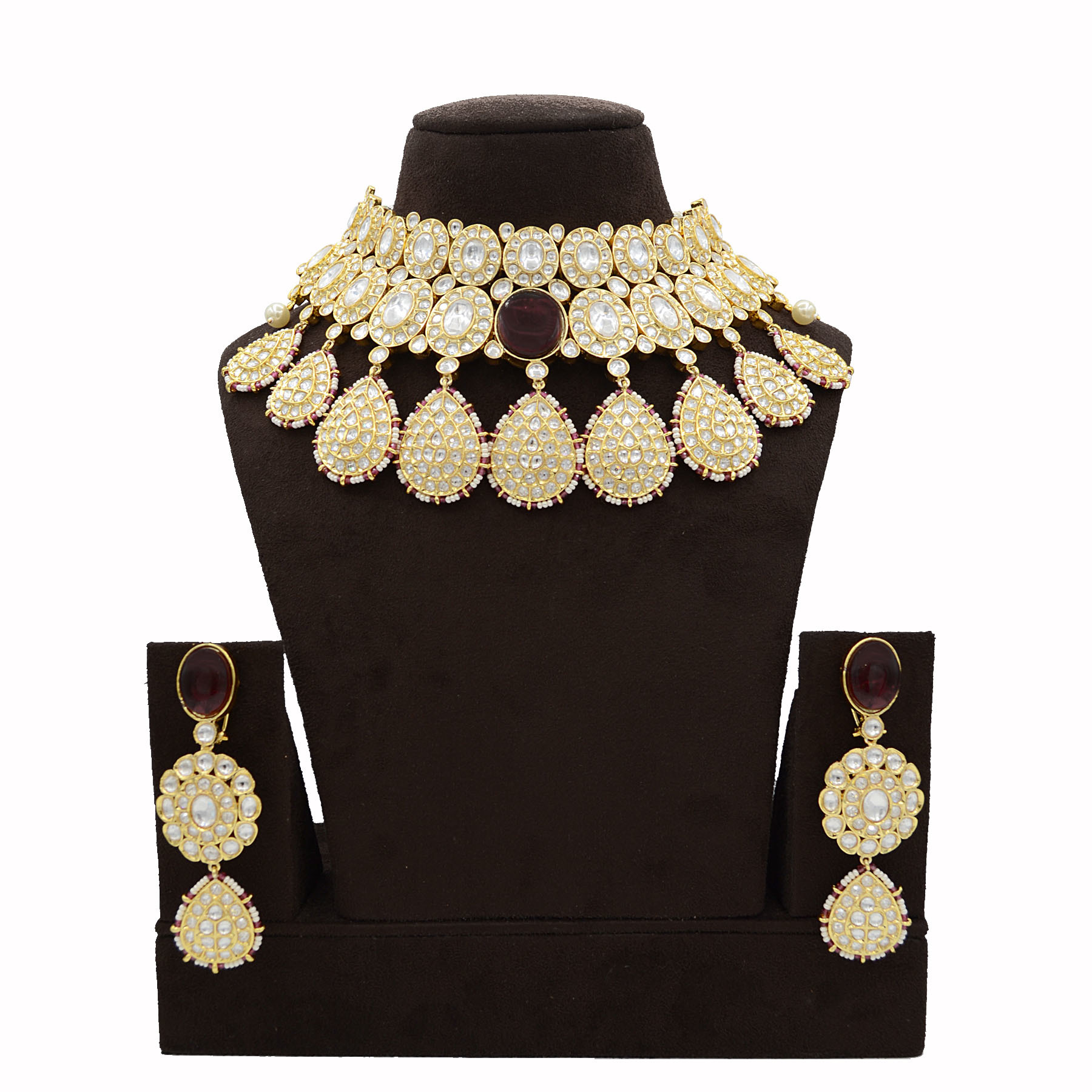 Kundan Necklace Set With Big Oval Maroon Stone - Gold-plated, Necklace Length 16-18 Inches, Earring Length 2 Inches | Elegant Design, Kundan Work, Maroon Stone, Matching Earrings