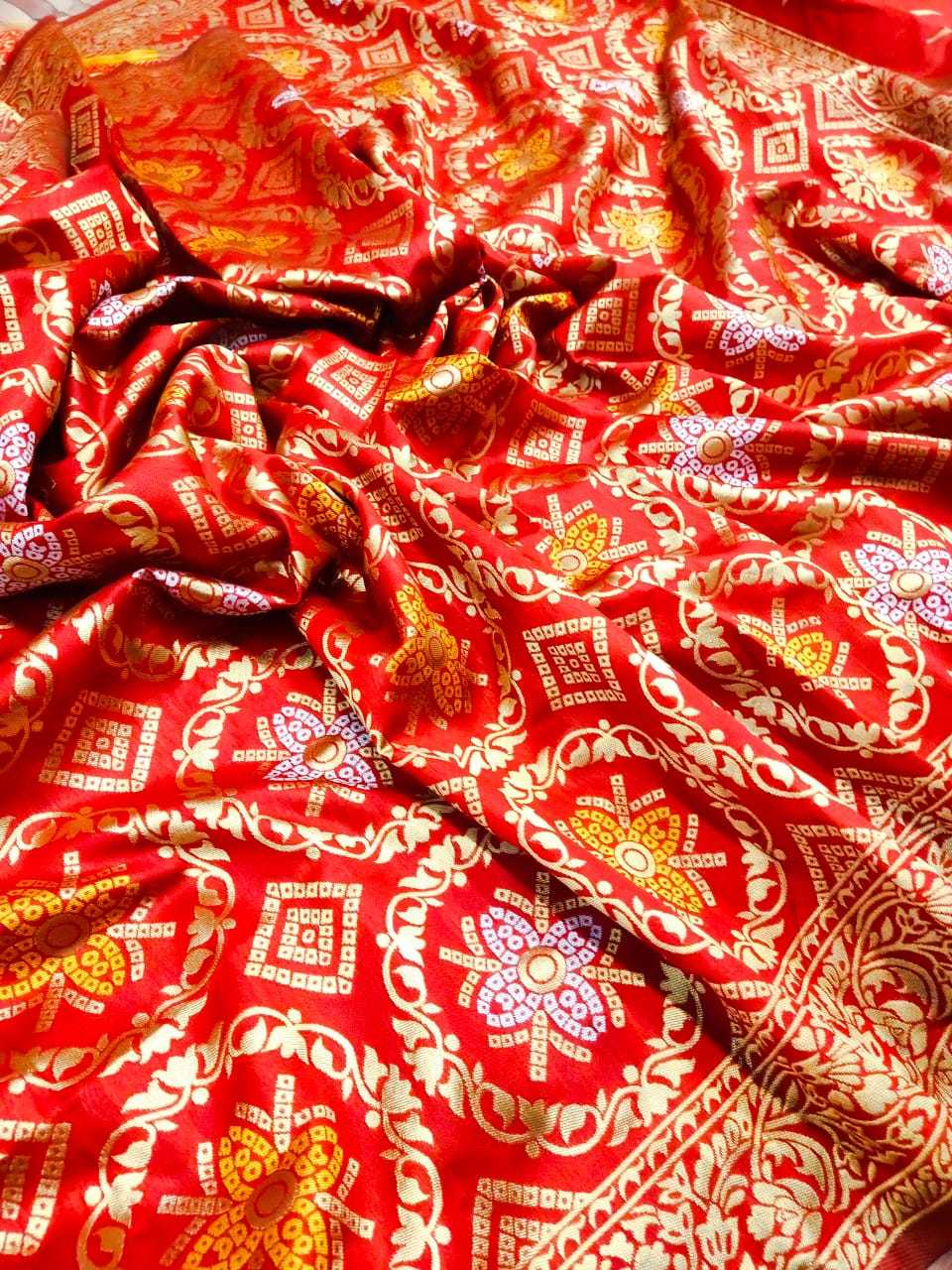 Saree - Bandhani Soft Lichi Silk, Rich Red Color With Jaquard Border | Elegant Ethnic Attire For Traditional Occasions, Lightweight And Easy To Drape
