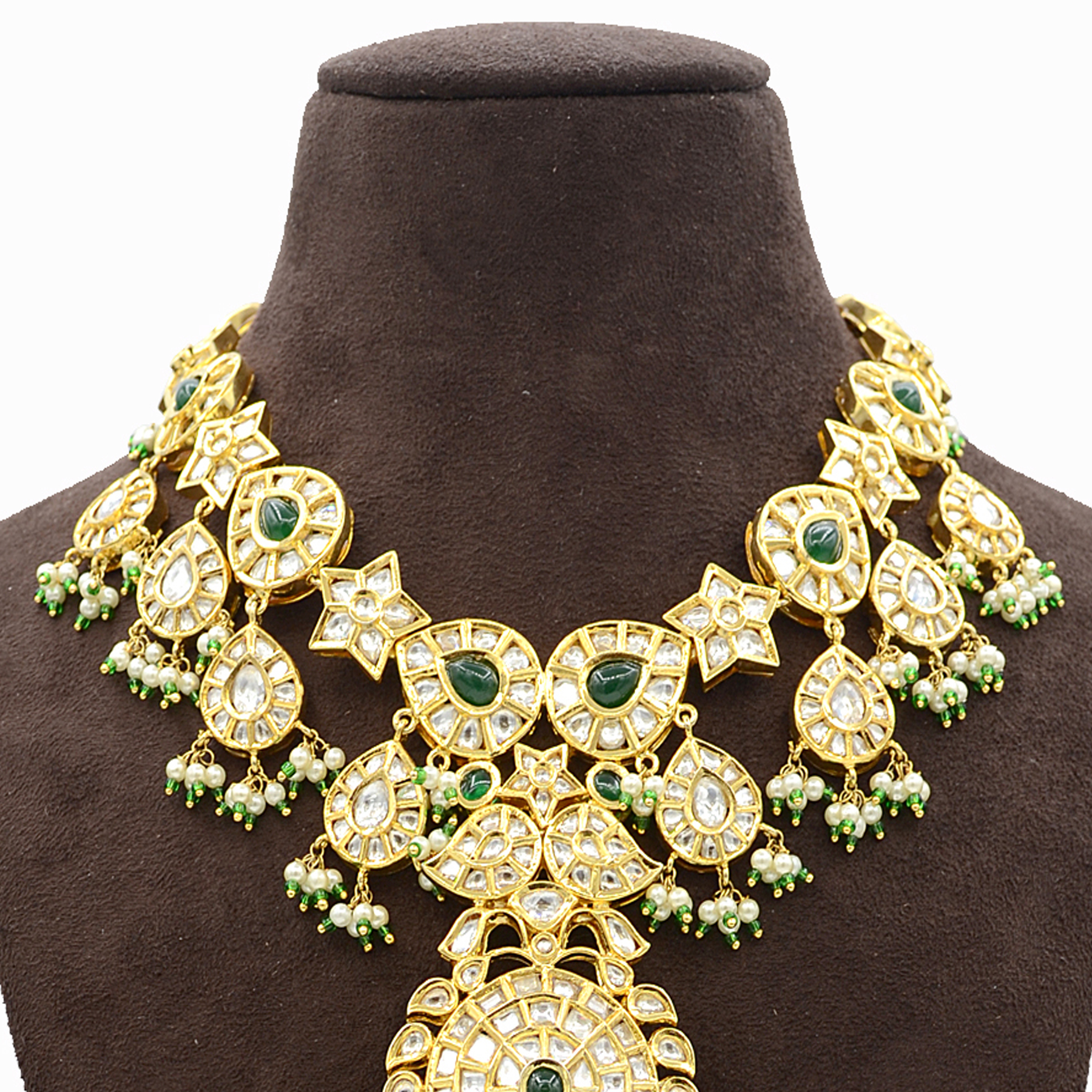 Kundan Necklace Set - Gold-plated, 16 Inches Length | Emerald & Pearl Danglers For Bridal Wear & Festive Occasions, 150 Grams