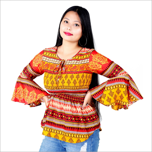 Running Border Print Top - Soft Lustrous Fabric, All Sizes | Multicolor, Embroidered Design With Eye-catching Embellishments For Summer Elegance