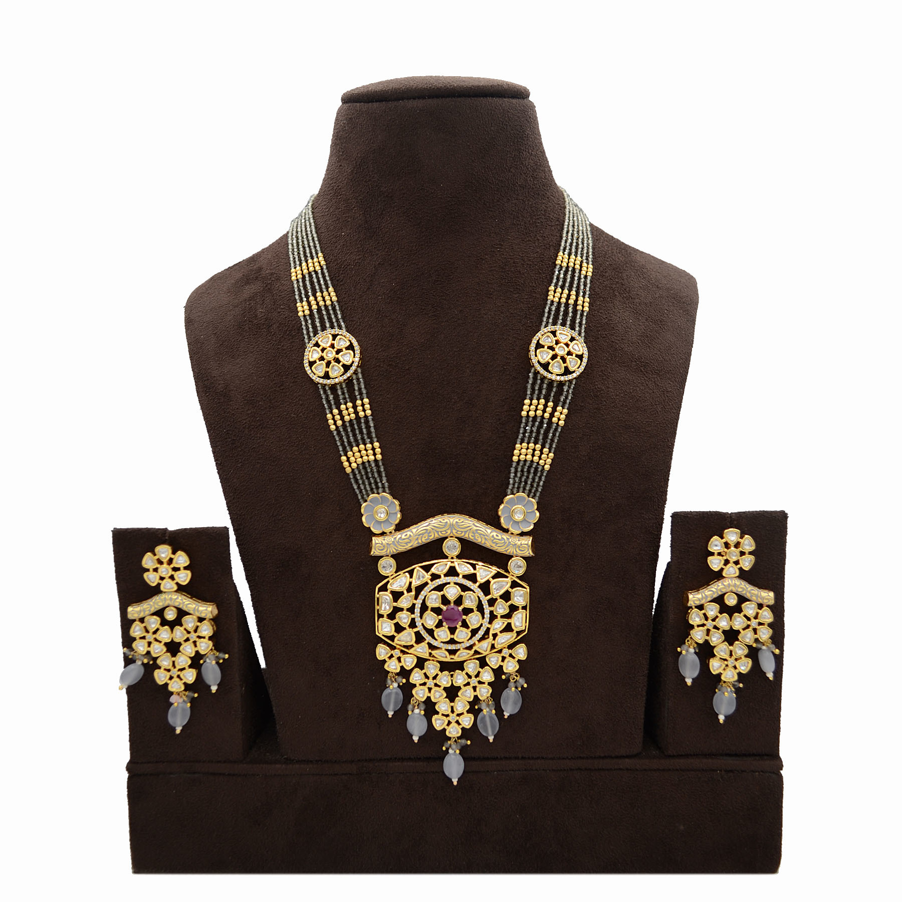 Kundan Pendent Mala Set With Touch Of Ad, Mint Grey Mina And Grey Hangingskundan Pendent Mala Set With Touch Of Ad, Mint Grey Mina And Grey Hangings