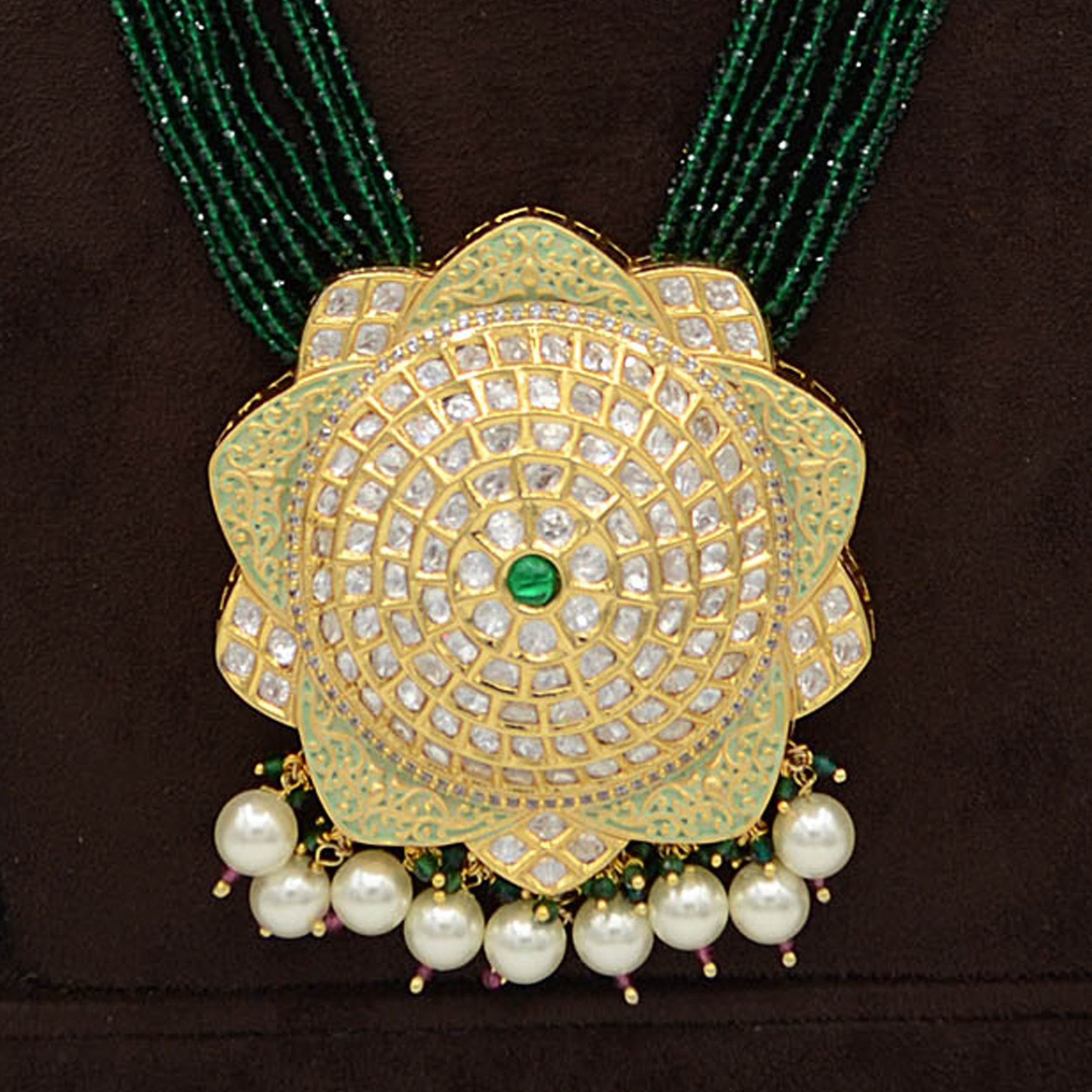 Kundan Pendent Mala Set With Touch Of Ad, Mint Green Mina And Pearl Hangings