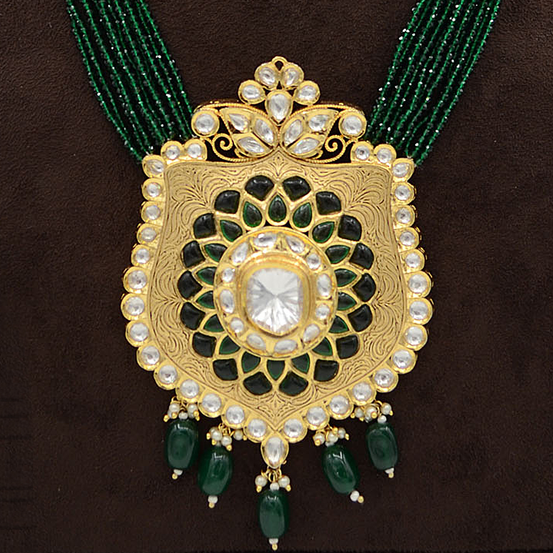 Kundan Pendent Mala Set With Green Hangings