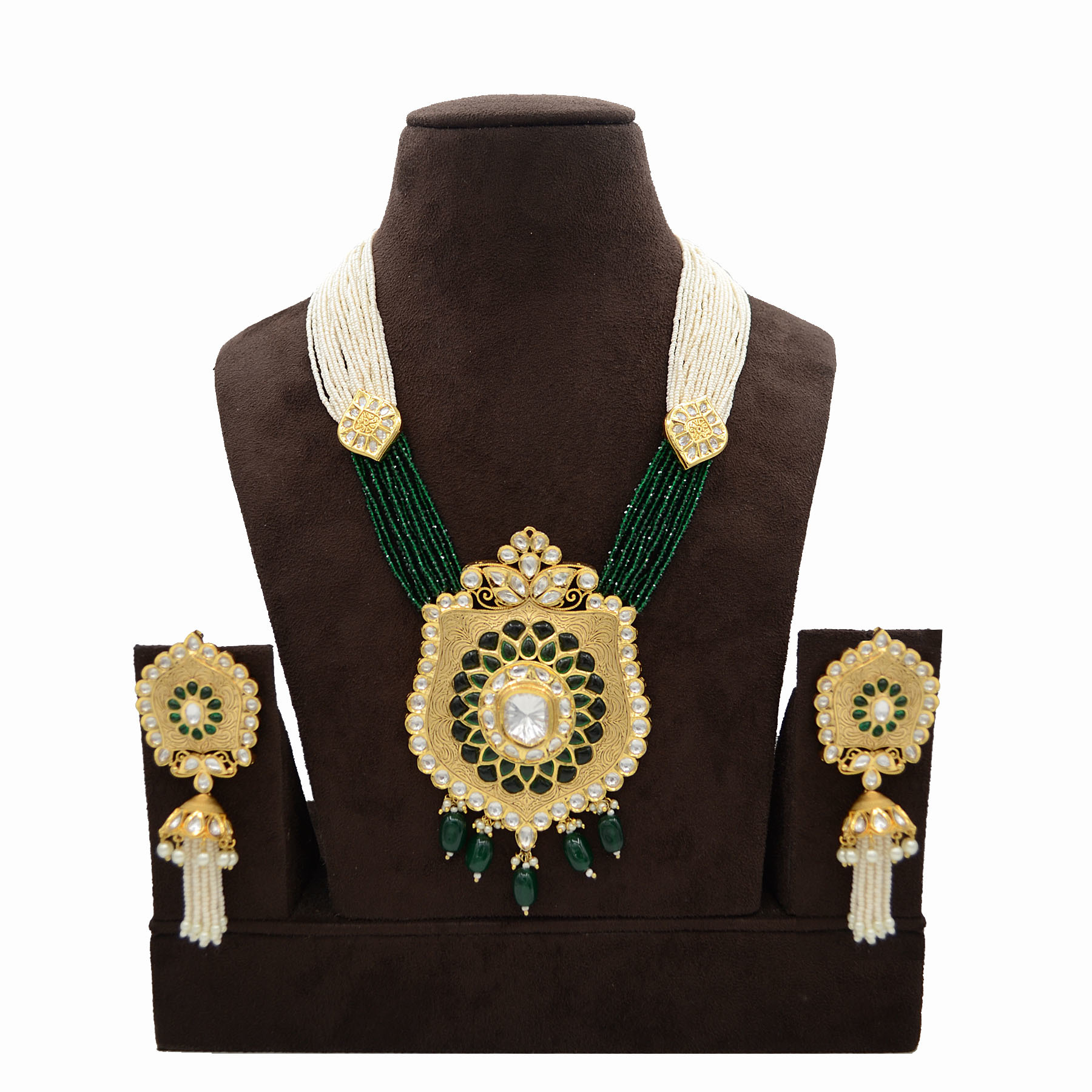 Kundan Pendent Mala Set With Green Hangings