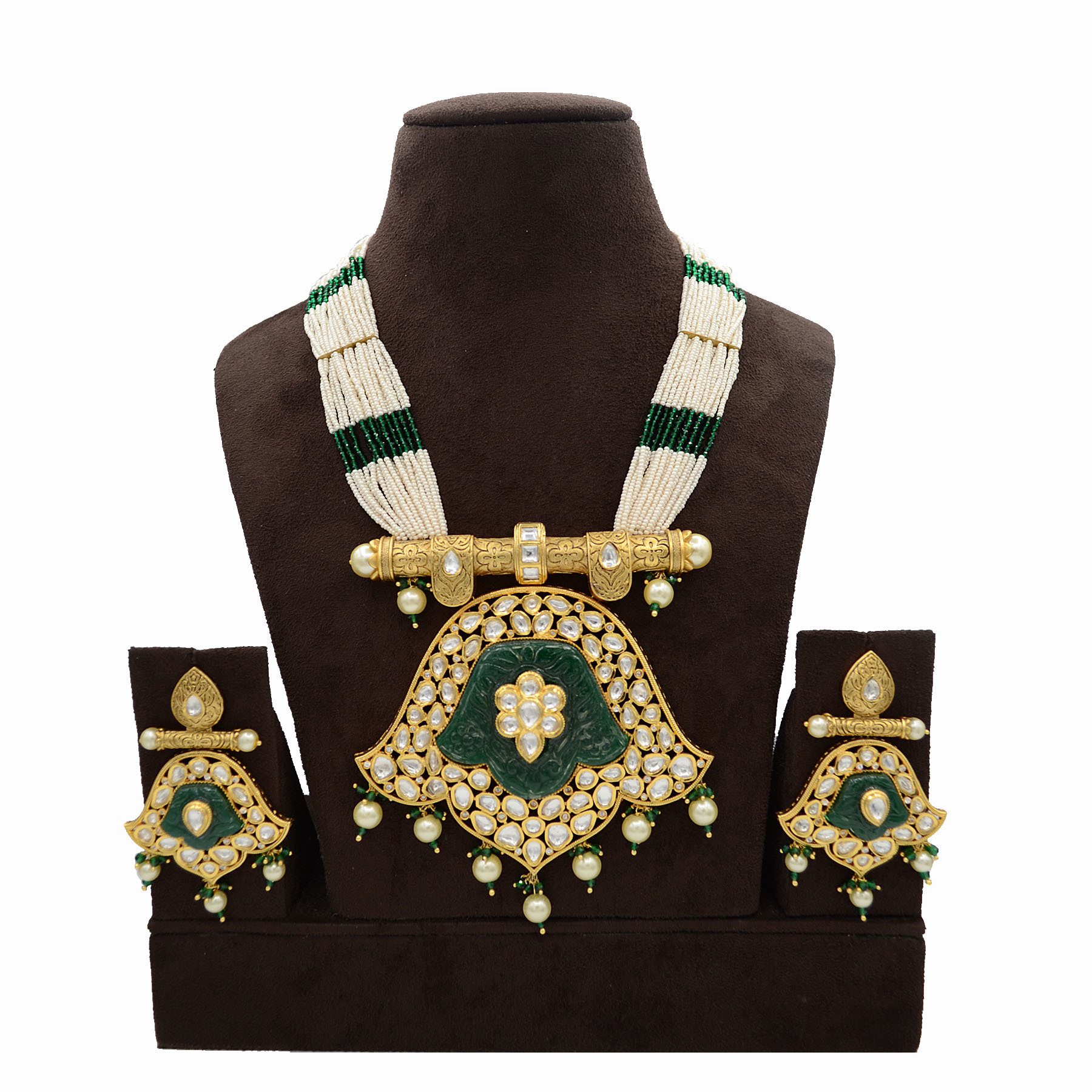 Kundan Pendent Mala Set With Green Carving Stone And Pearl Hangings