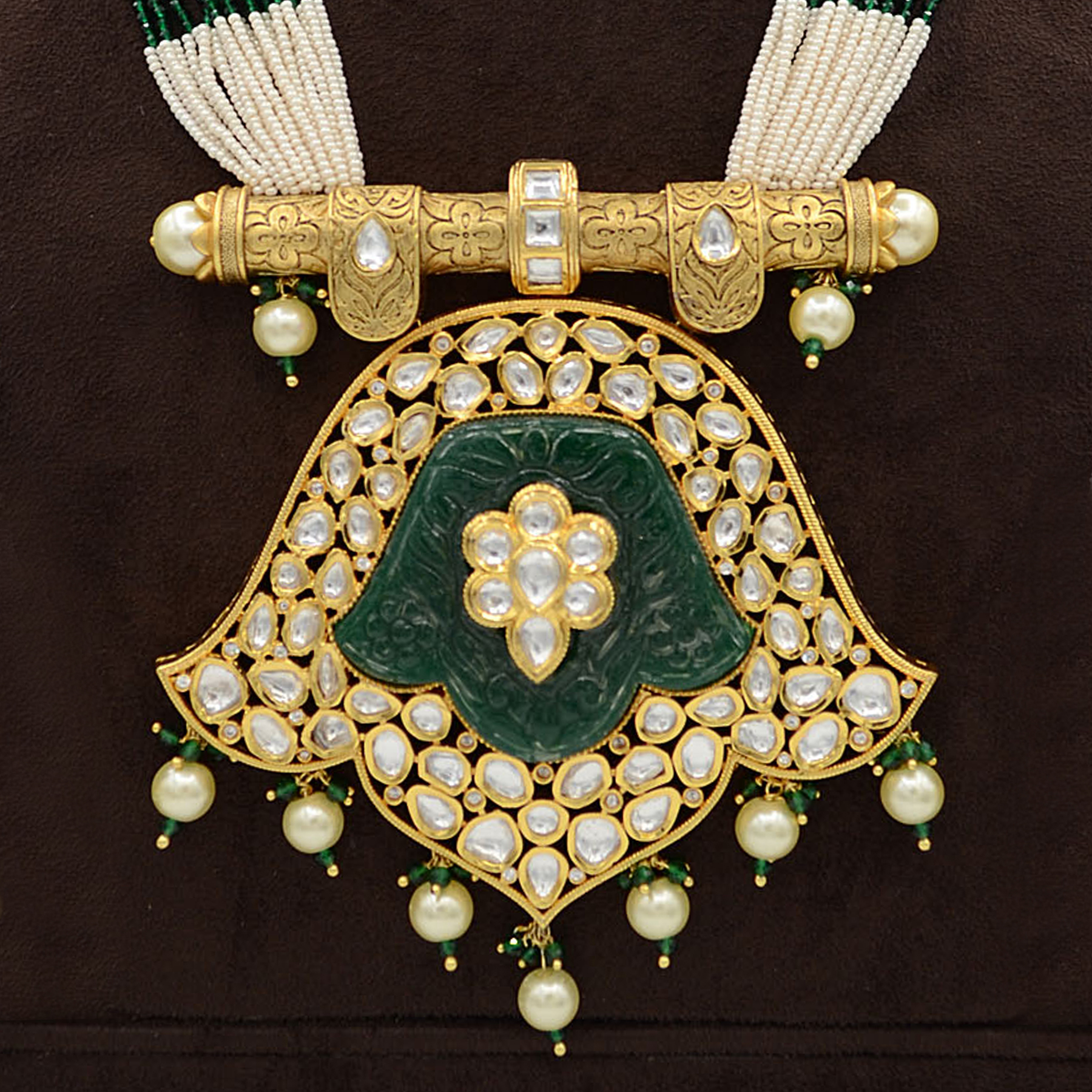 Kundan Pendent Mala Set With Green Carving Stone And Pearl Hangings