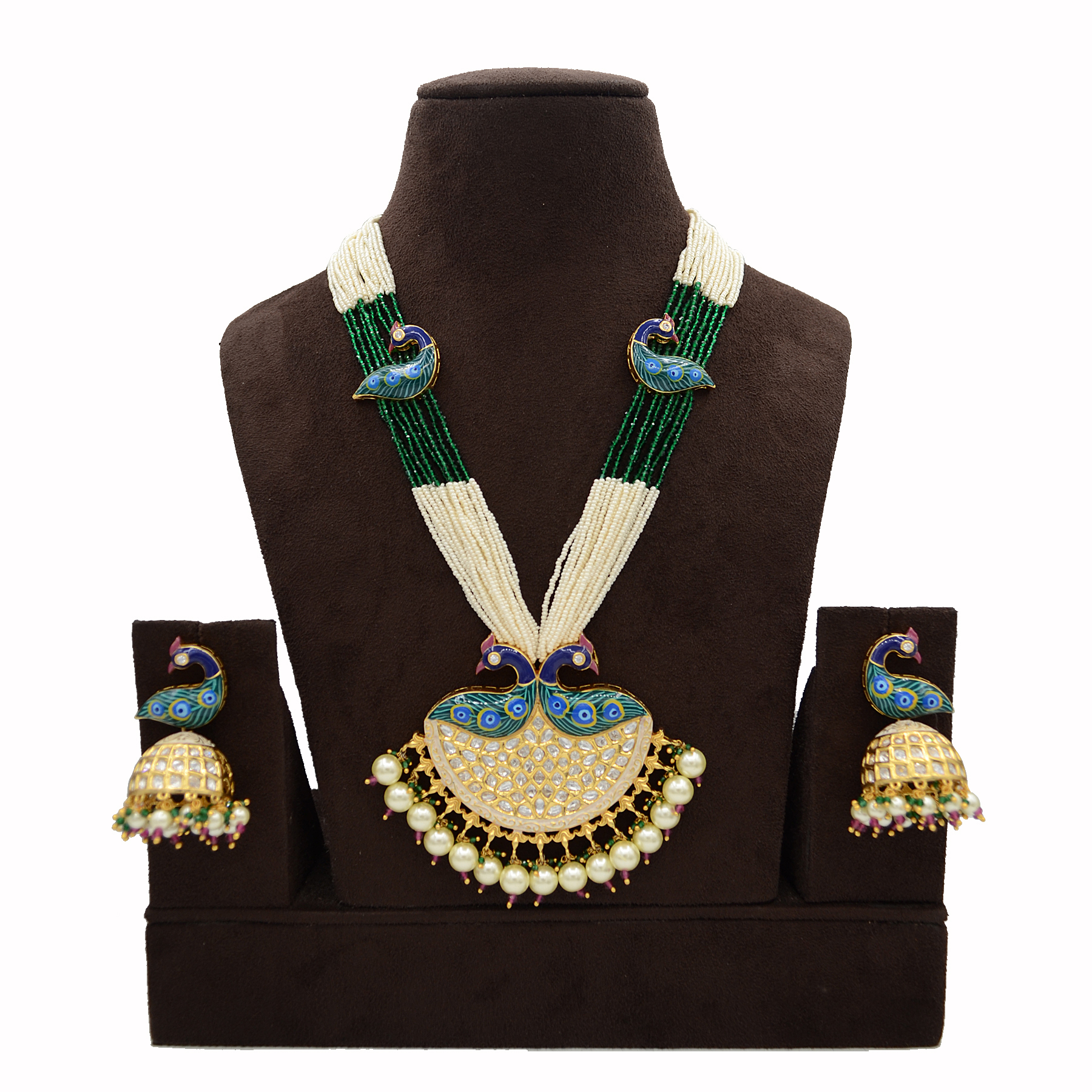 Peacock Kundan Pendent Set With Minakari Work And Pearl Hangings.