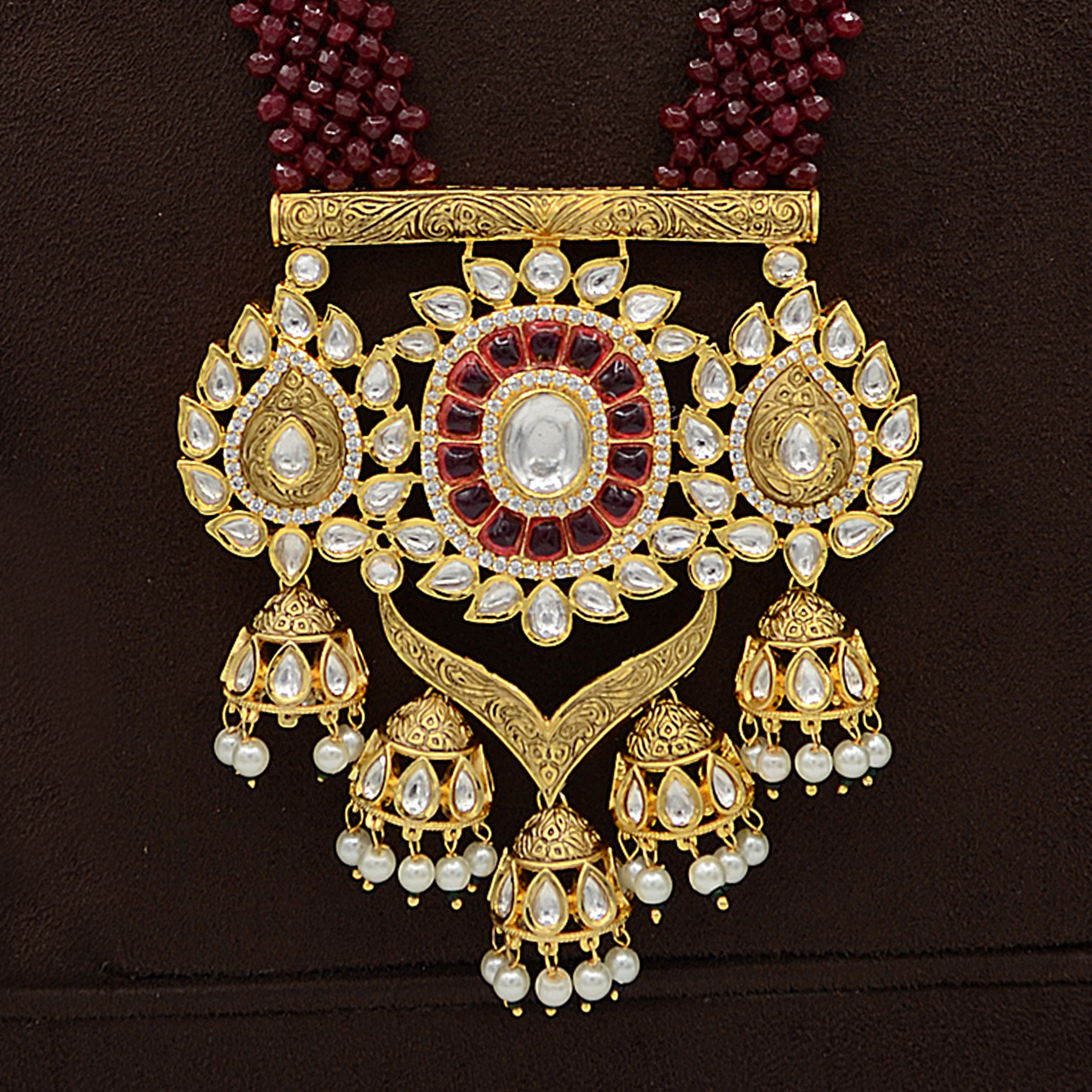 Kundan Pendent Set With Ruby Mala Work