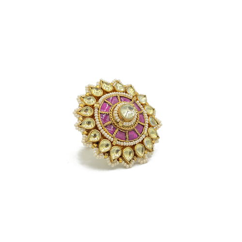 Jadau Kundan Finger Ring With Ruby Colour Stone Work
