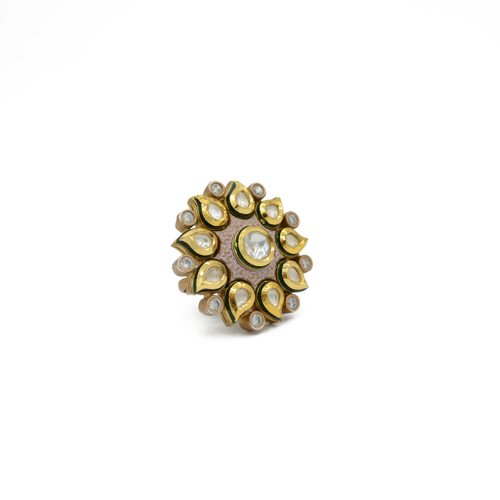Kundan Finger Ring With Mint Mina Work