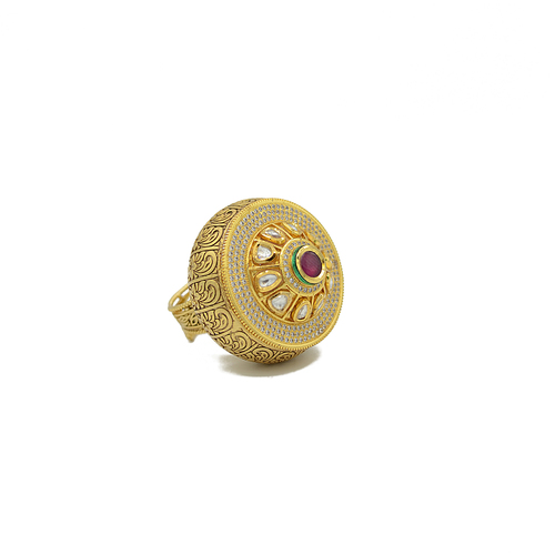 Kundan Finger Ring With Center Ruby Colour Stone And American Diamond Work