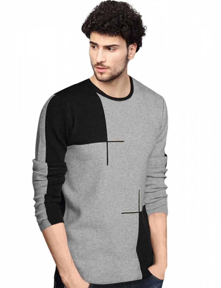 Men's Round Neck Full Sleeve Grey T-shirt - Cotton Fabric, Sizes S-xxl, Grey Black Color, Long Sleeves, O-neck Collar, Slim Fit Style