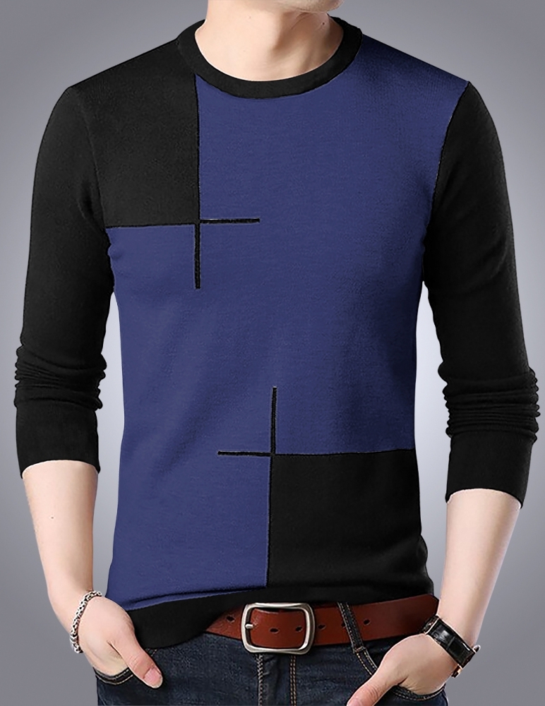 Men's Round Neck Full Sleeve Navy Black T-shirt - Cotton, Sizes S-xxl, Color Navy Melange Black | Regular Fit, Long Sleeves, Designed For Style And Comfort