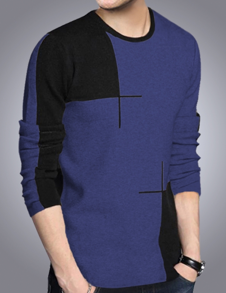 Men's Round Neck Full Sleeve Navy Black T-shirt - Cotton, Sizes S-xxl, Color Navy Melange Black | Regular Fit, Long Sleeves, Designed For Style And Comfort