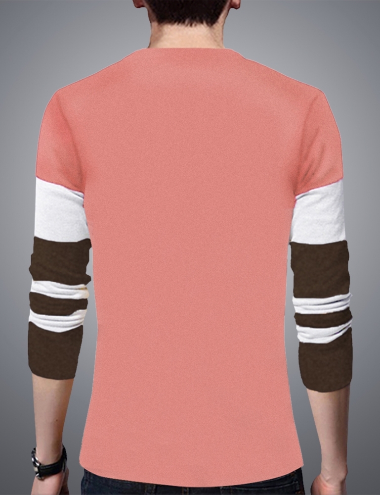 Men's Round Neck Striped Peach T-shirt - Cotton, Available Sizes: S, M, L, Xl, Xxl, Color: Peach White, Long Sleeves, O-neck Design