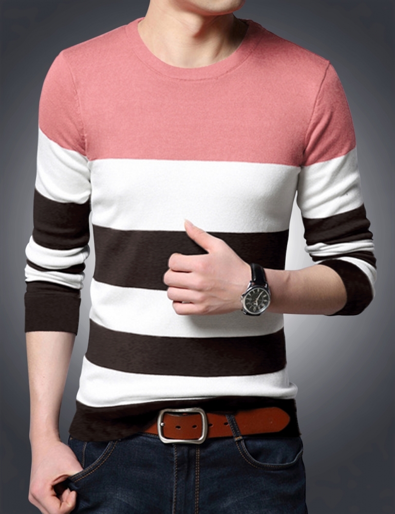 Men's Round Neck Striped Peach T-shirt - Cotton, Available Sizes: S, M, L, Xl, Xxl, Color: Peach White, Long Sleeves, O-neck Design