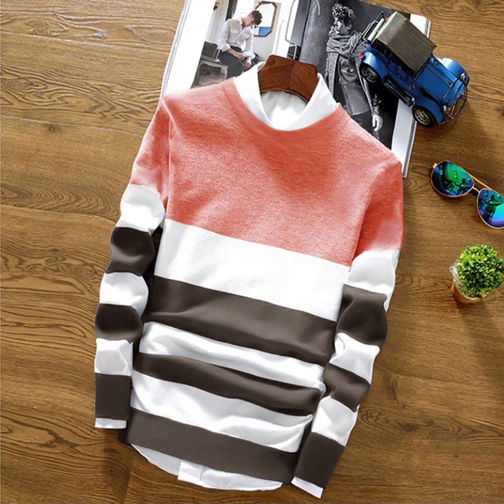 Men's Round Neck Striped Peach T-shirt - Cotton, Available Sizes: S, M, L, Xl, Xxl, Color: Peach White, Long Sleeves, O-neck Design