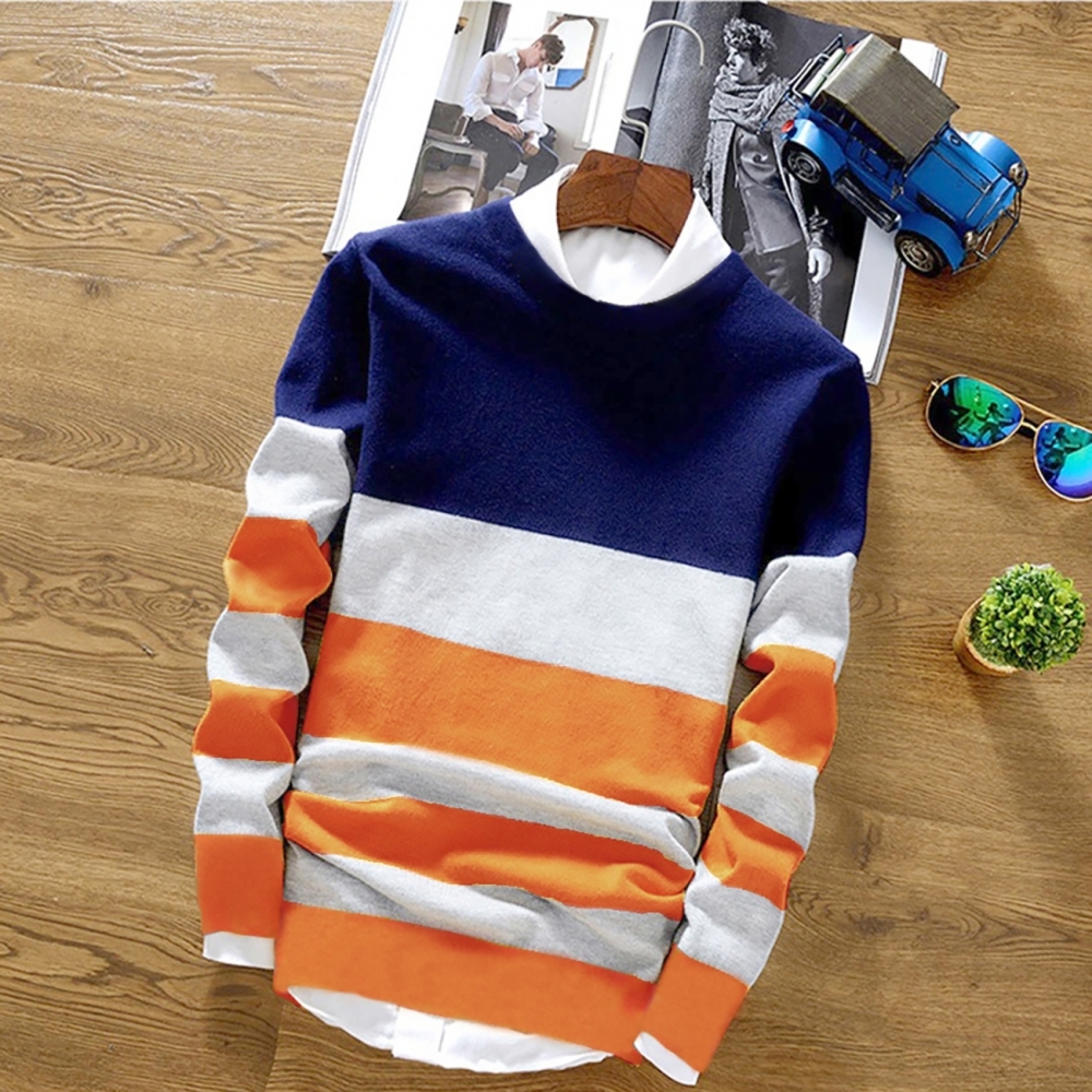 Men Round Neck Striped T-shirt - Cotton, Sizes S-xxl, Navy Blue & Light Grey, Long Sleeves, O-neck, Striped Pattern | Eyebogler Regular Fit Style