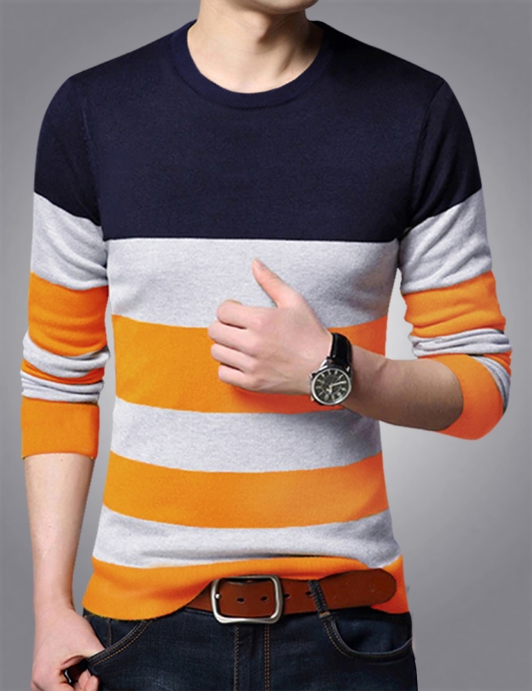 Men Round Neck Striped T-shirt - Cotton, Sizes S-xxl, Navy Blue & Light Grey, Long Sleeves, O-neck, Striped Pattern | Eyebogler Regular Fit Style