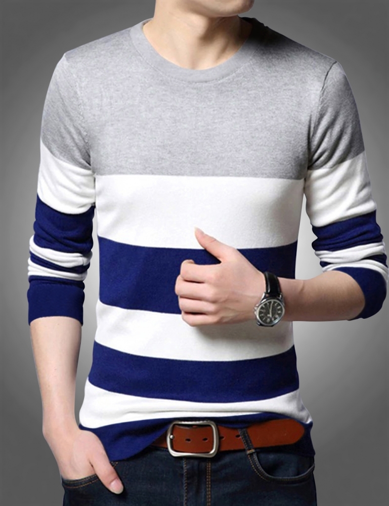 Men Round Neck Striped Grey T-shirt - Cotton, Sizes [S, M, L, Xl, Xxl], Grey & White Color, Long Sleeve | Regular Fit, Designed By Eyebogler