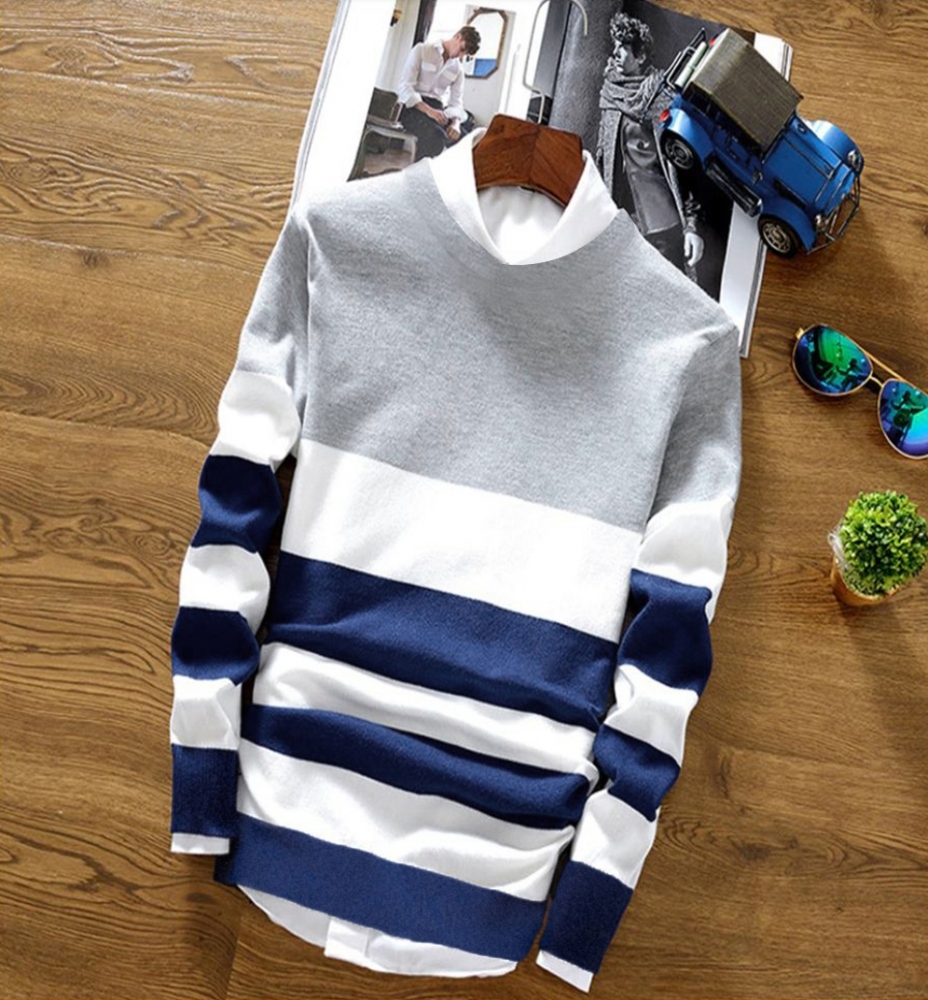 Men Round Neck Striped Grey T-shirt - Cotton, Sizes [S, M, L, Xl, Xxl], Grey & White Color, Long Sleeve | Regular Fit, Designed By Eyebogler
