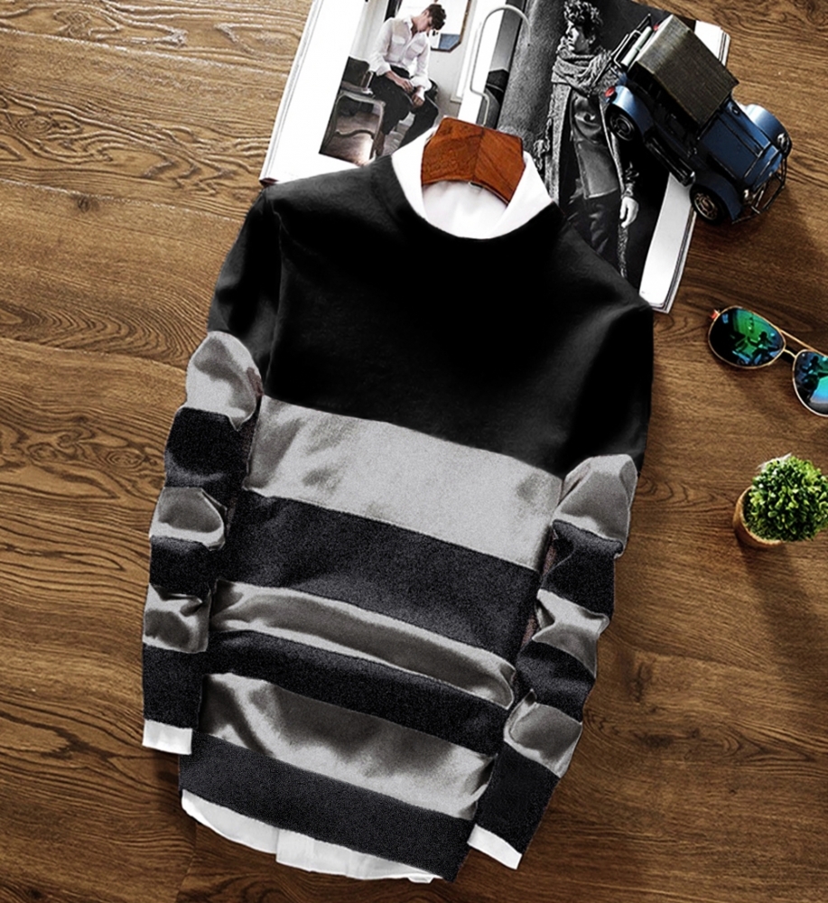 Men Round Neck Striped Black T-shirt - Cotton, Sizes S-xxl, Color: Black With Light Grey Stripes, Long Sleeves | Designed For Comfort And Style