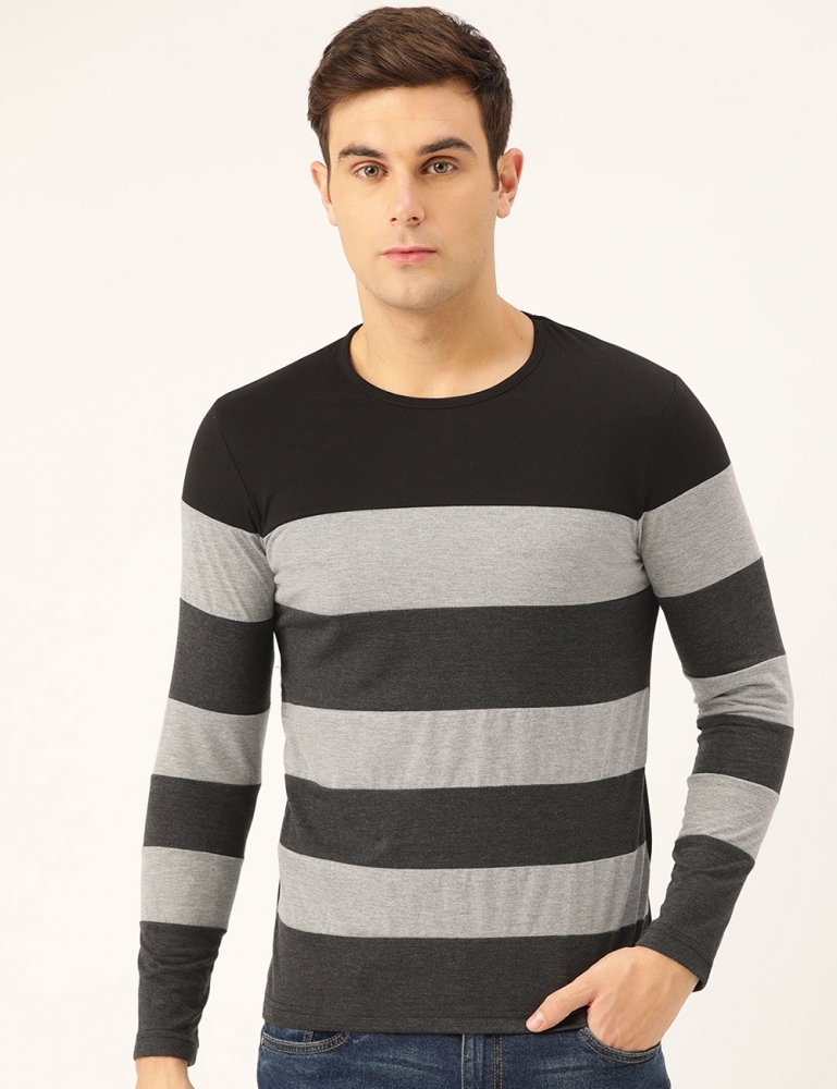 Men Round Neck Striped Black T-shirt - Cotton, Sizes S-xxl, Color: Black With Light Grey Stripes, Long Sleeves | Designed For Comfort And Style